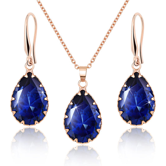 Linawe Sapphire Crystal Boho Jewelry Sets for Women, Navy Blue Earring Set Rose Gold Pendant Necklace Imitation Diamond Rhinestone Matching Cubic Zirconia Birthstone Teardrop