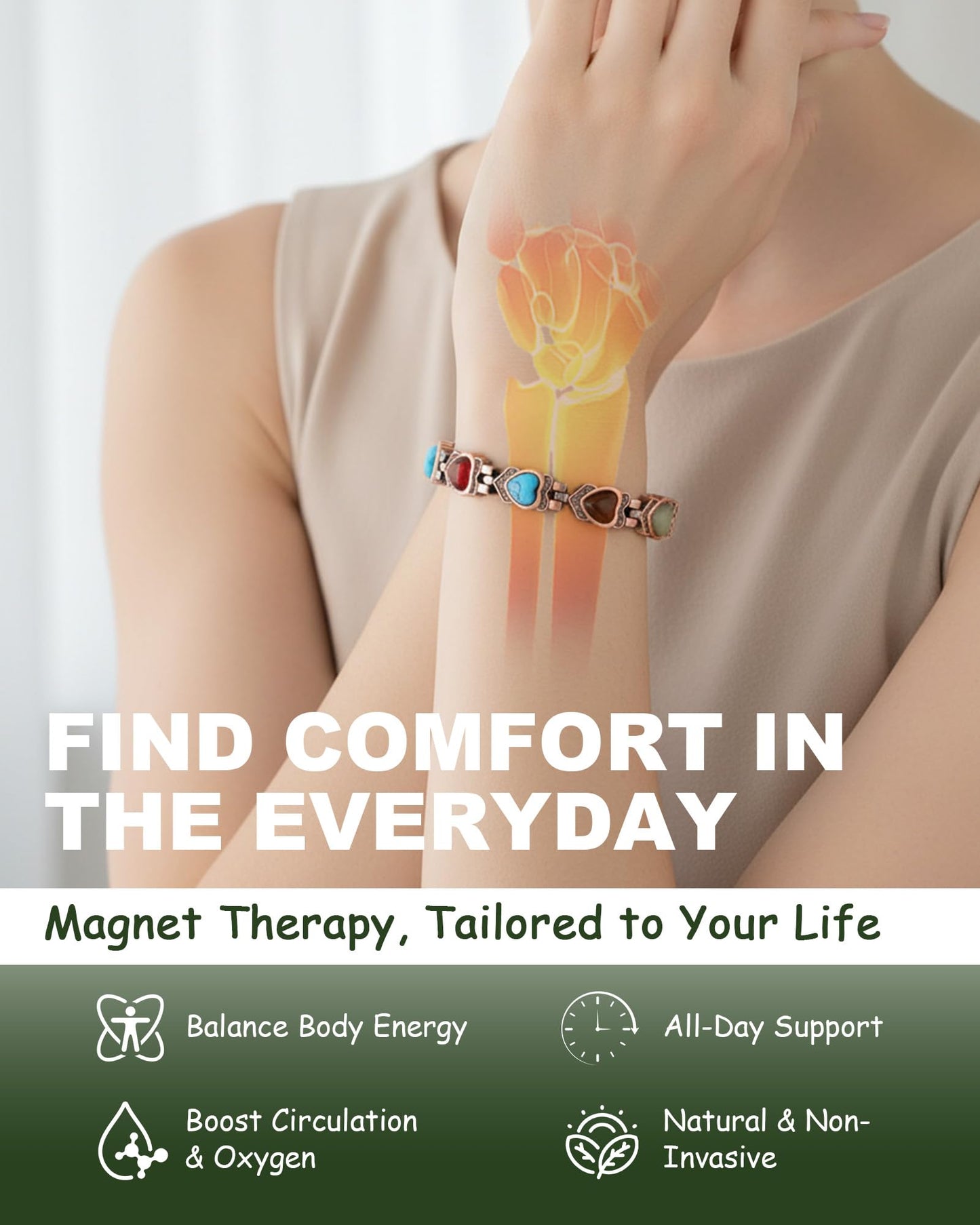 MagEnergy Copper Bracelet for Women, 99.99% Pure Copper Magnetic Bracelets with 3500 Gauss Magnets, Natural Turquoise & Stones, Adjustable, Jewelry Gift