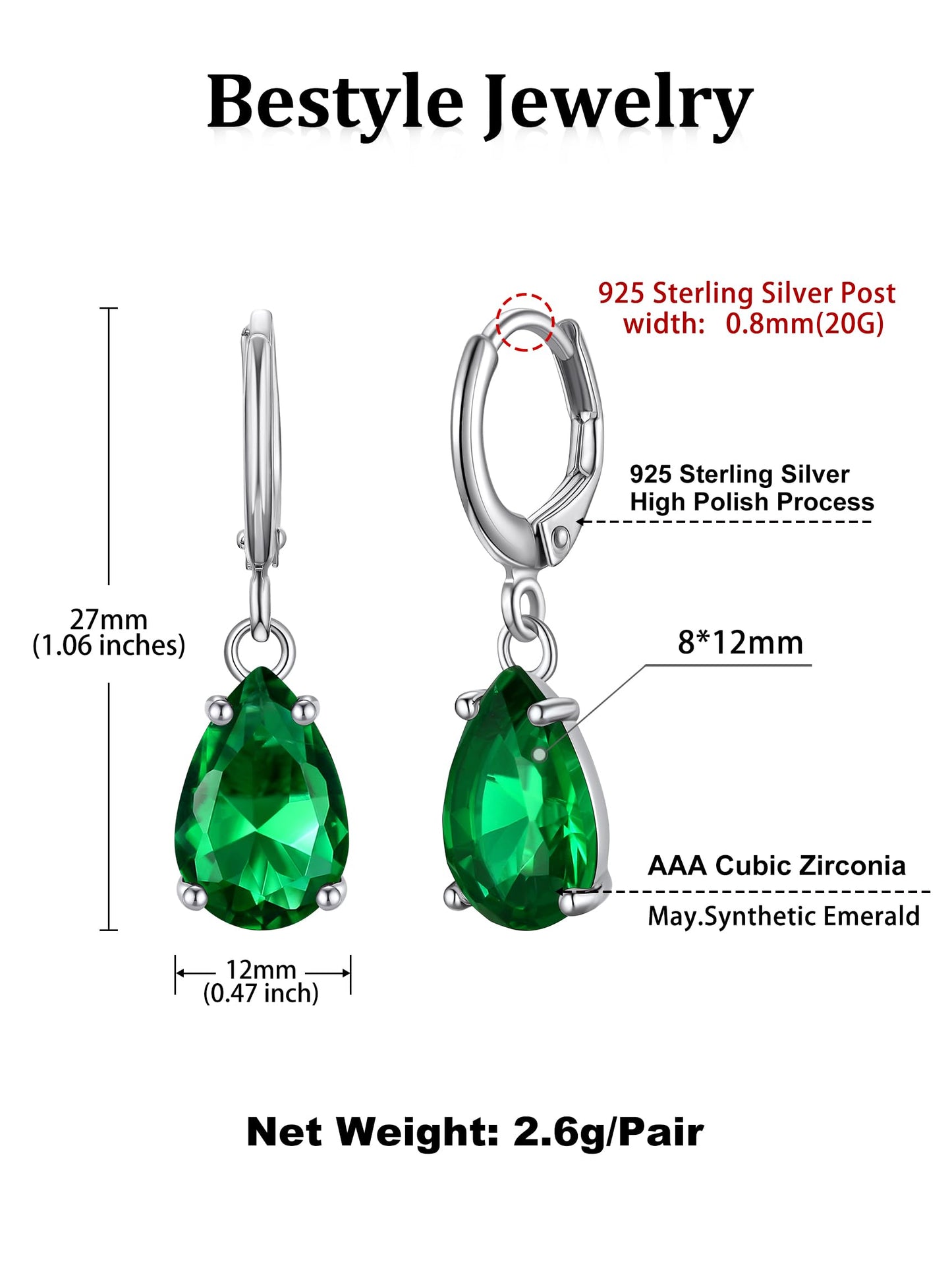 Bestyle Green Emerald Teardrop Earring with Hypoallergneic Silver Huggie Hoops - Shimmer May Birthstone Dangles Silver Earring for Women - Dainty Cute Earrings for Mom Wife Grandma