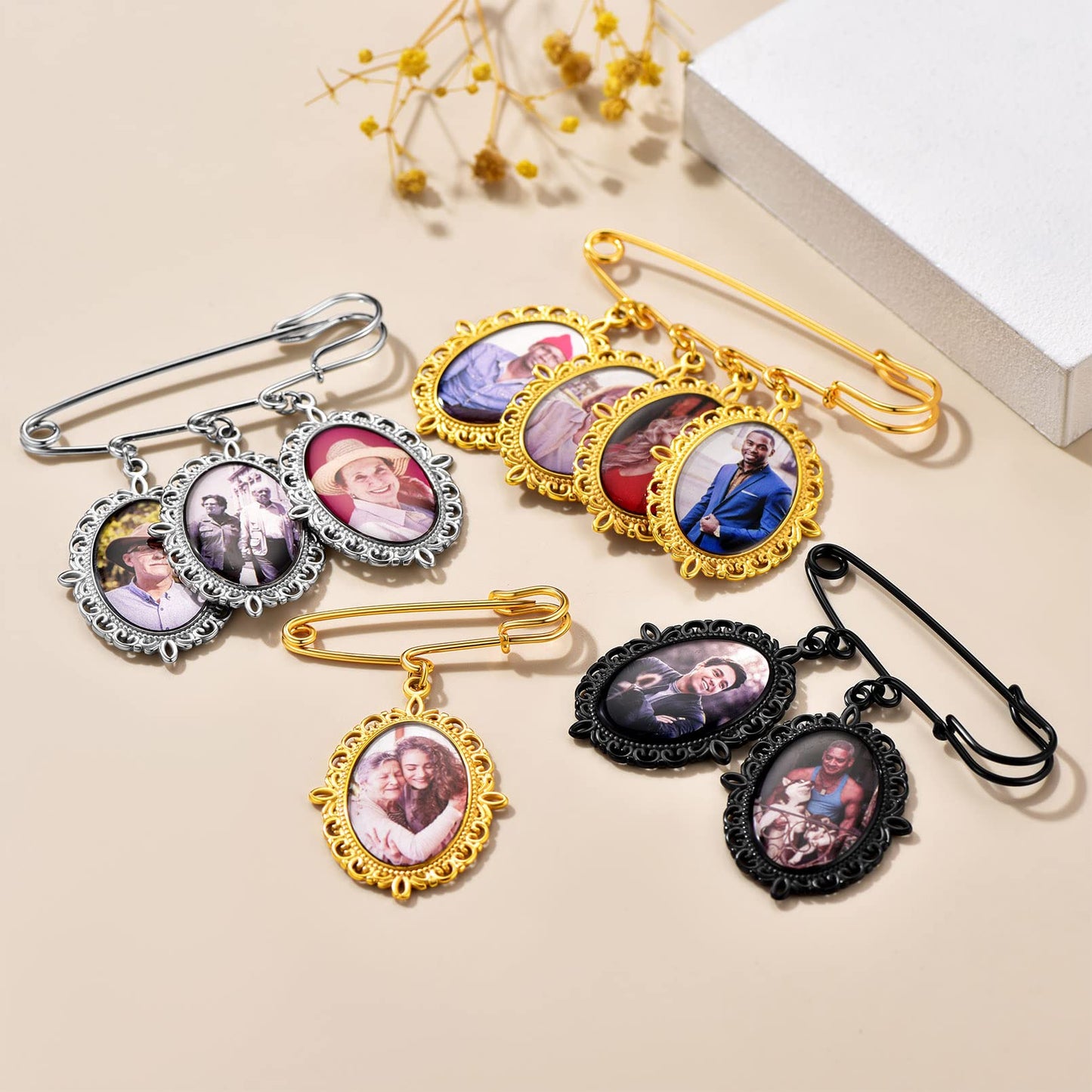 Custom4U Wedding Boutonniere Photo Charm Bouquet Pin Lapel Oval Memorial Charms Funeral Boutonniere Mother of The Bride Groom Men Women