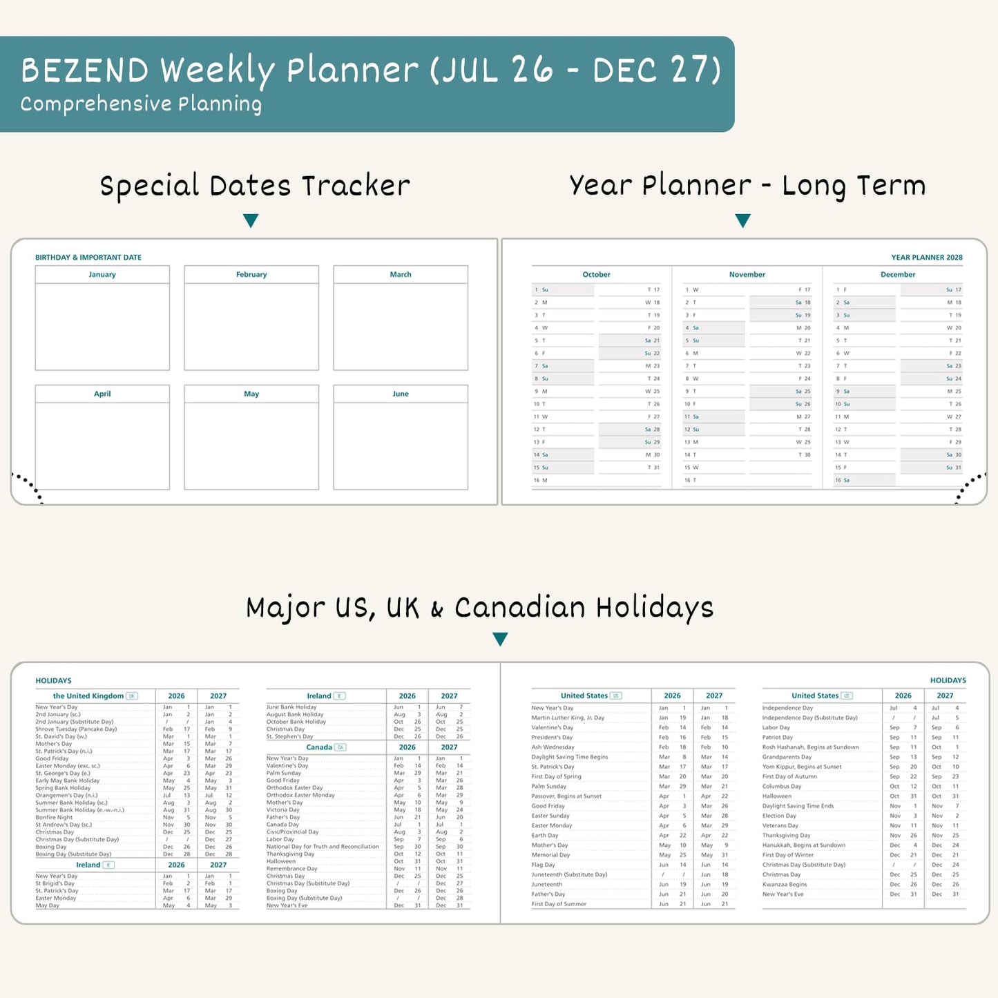 BEZEND Pocket Weekly Planner 2026 2027 Equal Weekend with Hourly Timeslot (6.5" x 3.75") 18 Months Small Academic Calendar (Jul 26-Dec 27) for Students, Work & Home, PU Leather Hardcover -Black