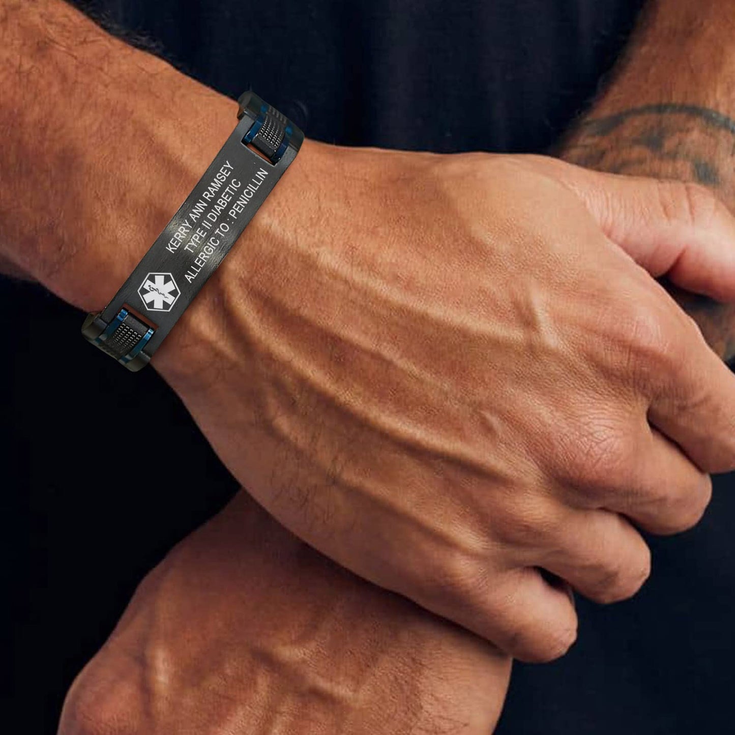 Medical ID Bracelet for Men : Free Engraving Stainless Steel Masculine Elaborate Medical Alert Wristband Personalized Medic ID Bracelet Jewelry 2-Tone Black Blue