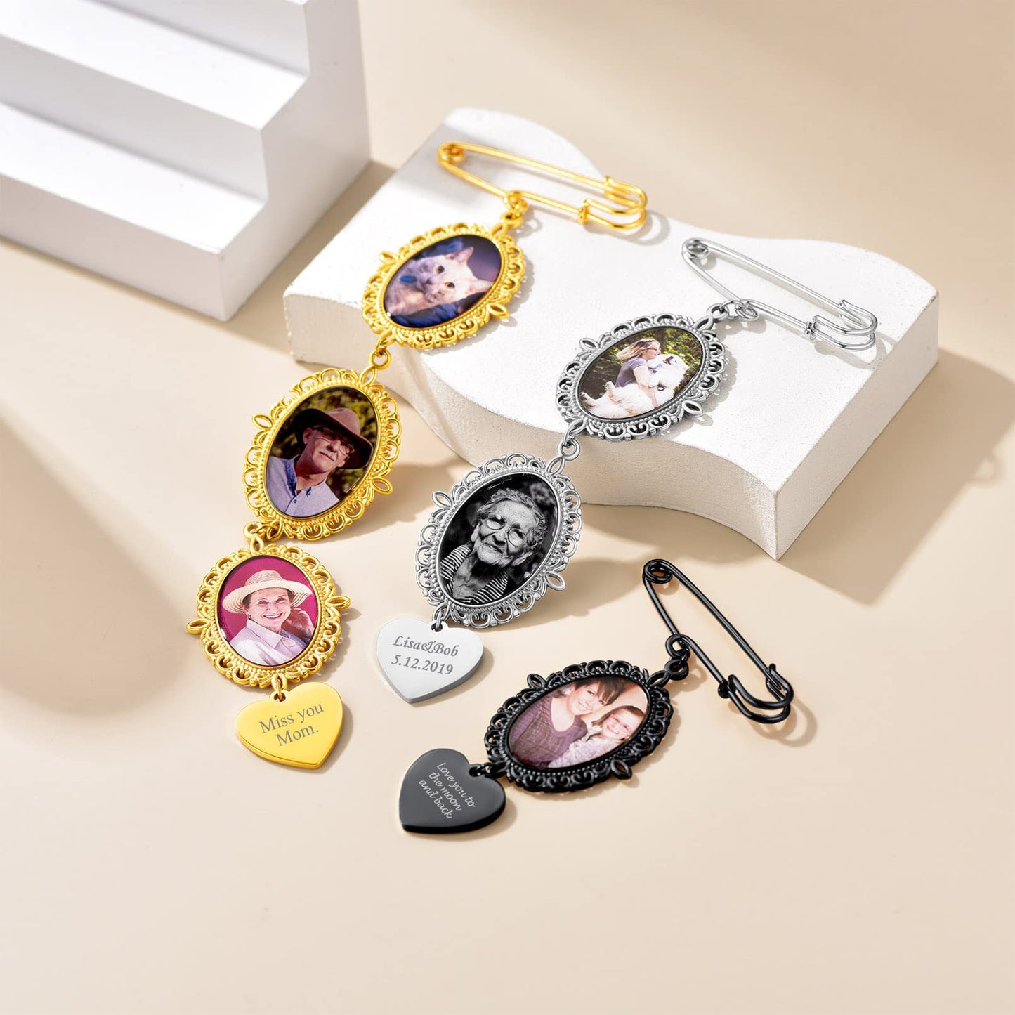Custom4U Wedding Bouquet Photo Charms Picture Pins Customized Memorial Jewelry for Men Women Groom Bride