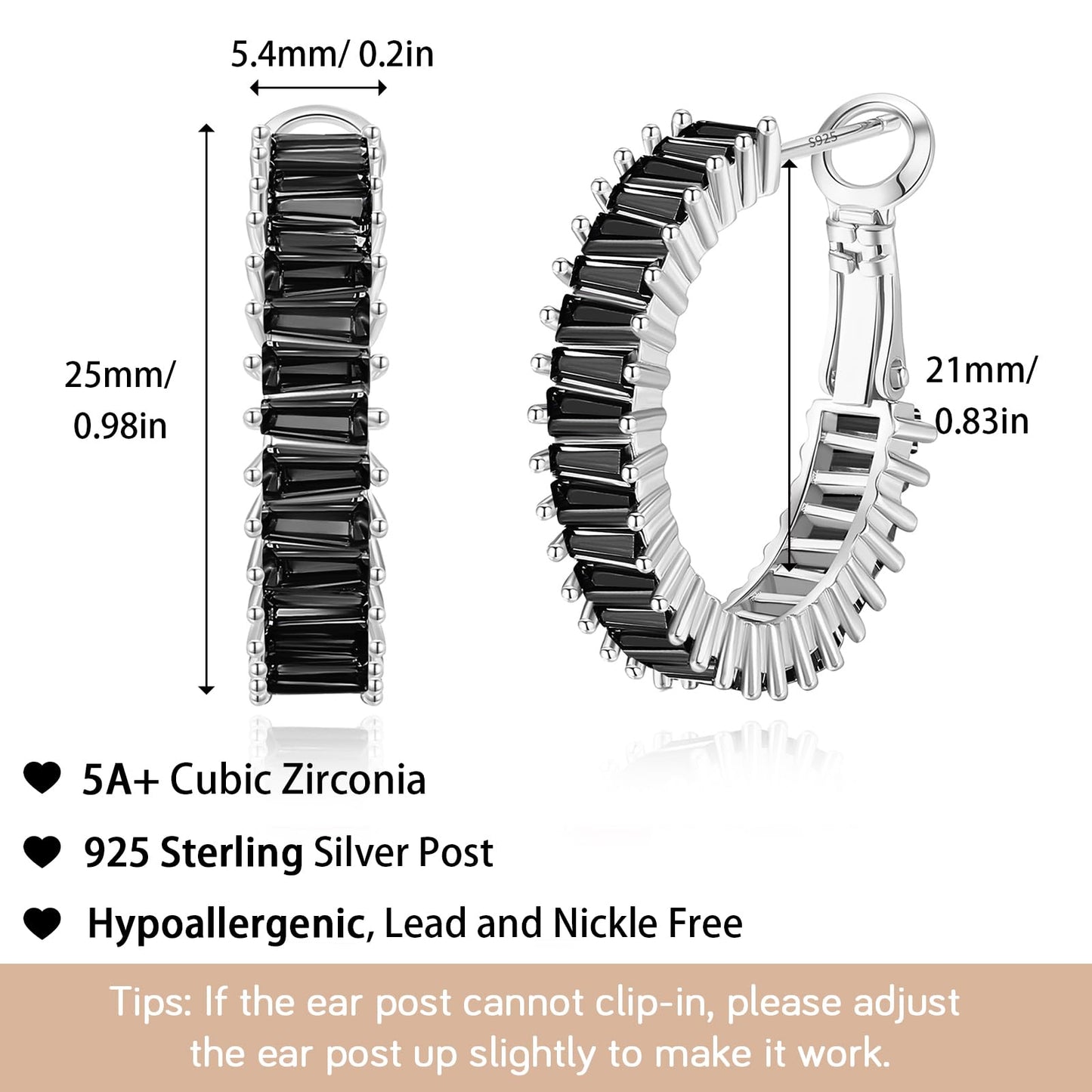 GLOQUAT Black Hoop Earrings White Gold Plated Hoop Earrings 925 Sterling Silver Post Vintage Baguette Cubic Zirconia Earring Fashion Round Circle Rhinestone Hoops for Women 25mm
