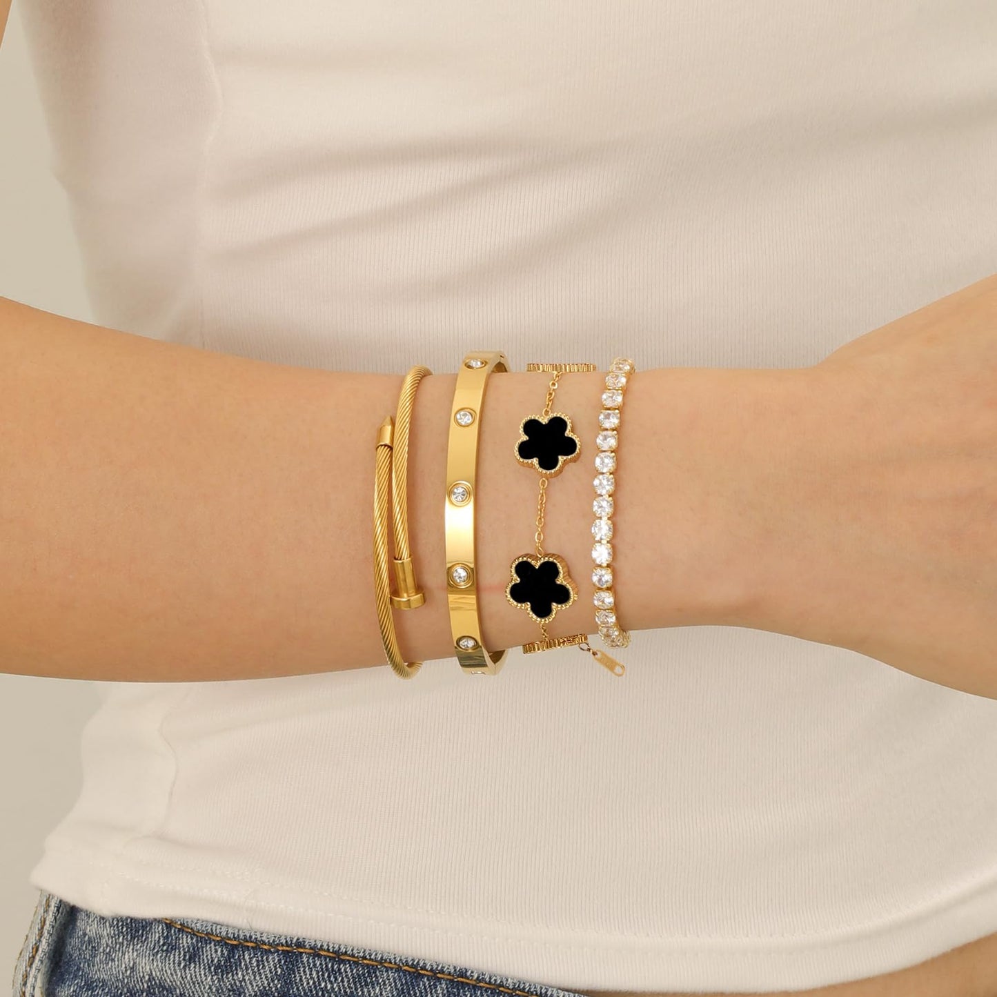 Gold Bracelets for Women, 18K Gold Plated Women Tennis Bracelets Clover Nail Love Bangle Bracelet Set, Gold Bracelet Stackable Set Trendy Jewelry, Gifts for Women's Day and Mother's Day (03-Color-black)