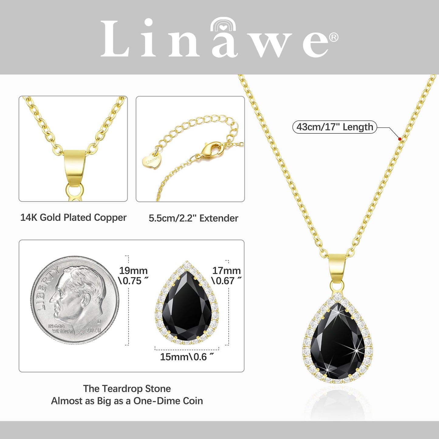 Linawe Black Crystal Gold Chain Necklace for Women Trendy, Imitation Diamond Pendant Boho Cubic Zirconia Birthstone Rhinestone Teardrop Necklace, Preppy Queen Costume Jewelry