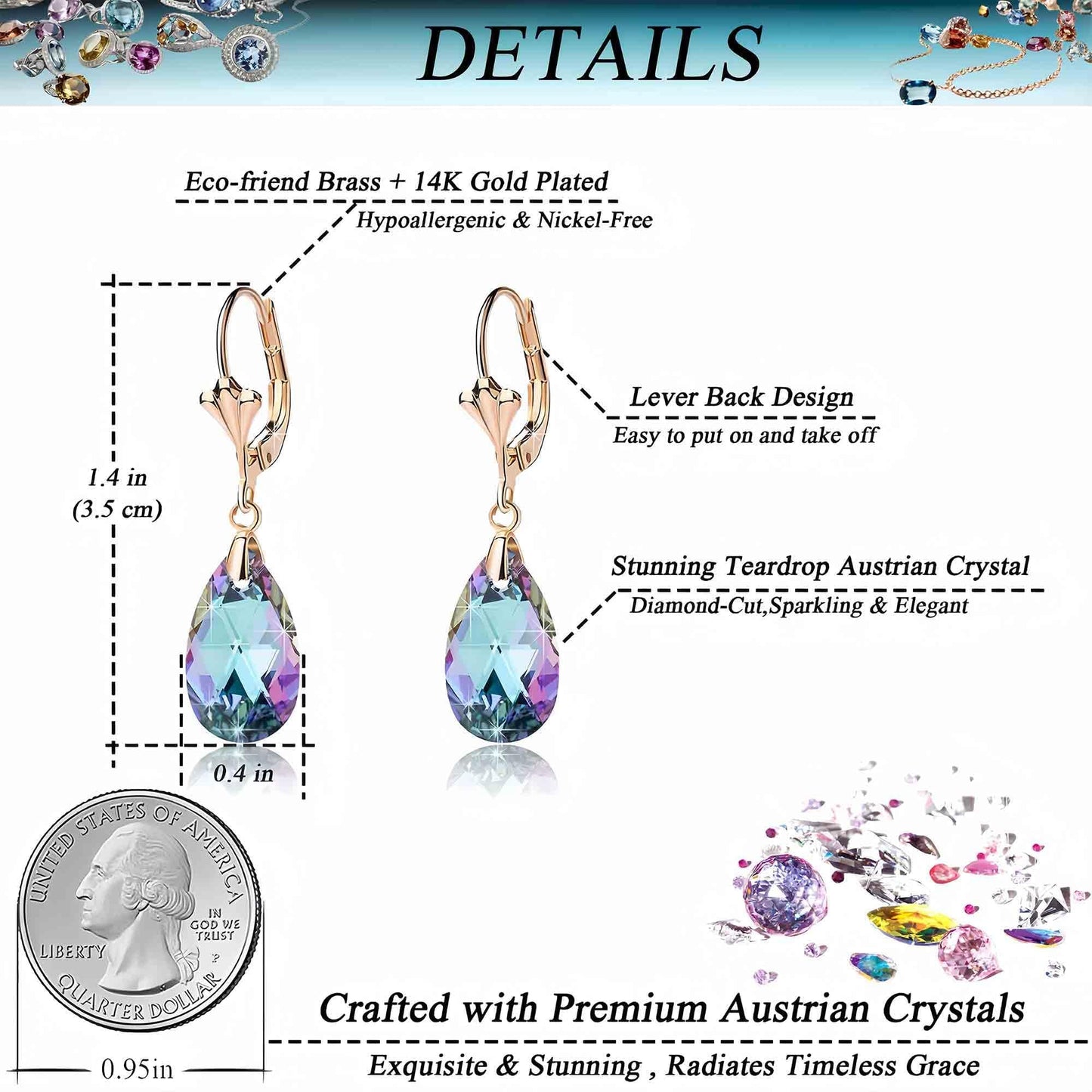 Austrian Crystal Teardrop Leverback Dangle Earrings for Women Fashion 14K Gold Plated Hypoallergenic Jewelry (Vitrail Light)