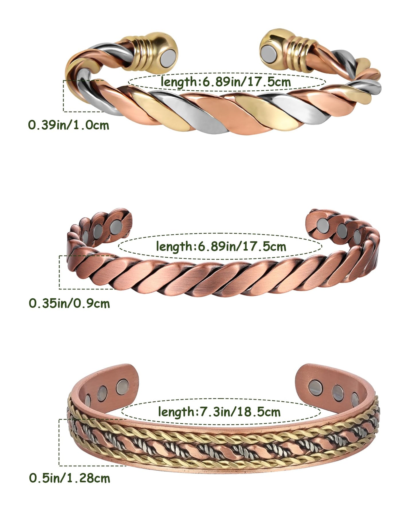 MagEnergy Copper Bracelets for Women Men, Set of 3 Pcs, Magnetic Therapy, Handmade 99% Copper Cuff Bracelet, Jewelry Gift Box