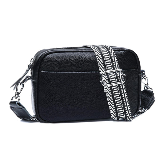 Utenwat Small Crossbody Bags for Women Genuine Leather, Guitar Strap Shoulder Handbag Purse Camera Bag with Rfid Card Slots, Black