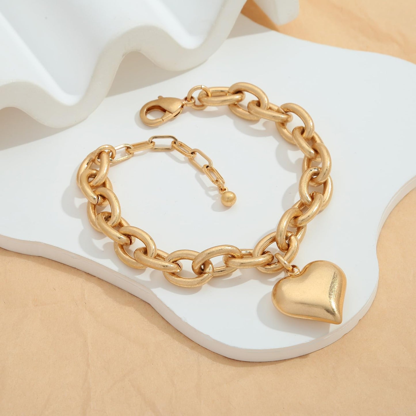 ENSKEFEN Puffy Heart Charm Bracelets for Women Chunky Love Heart Link Bracelets Adjustable Matte Gold Chain Bangle Bracelet