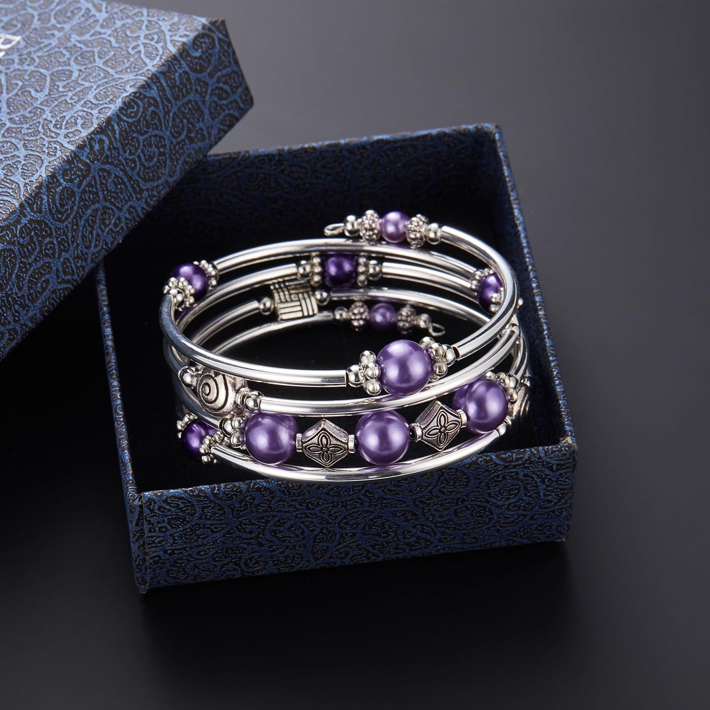 Beaded Pearl Bangle Wrap Bracelet - Fashion Bohemian Jewelry Multilayer Charm Bracelet with Thick Silver Metal Beads, Gift For Women(Purple pearl)