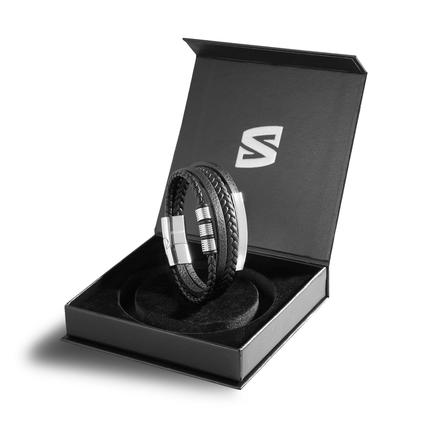 SERASAR Mens Leather Bracelet 17cm Silver Presents Men Gift Box Cowhide Braided Magnetic Clasp Multi Layer Wrap Rope Mans Male Bracelets Band Jewelry Magnet Accessories