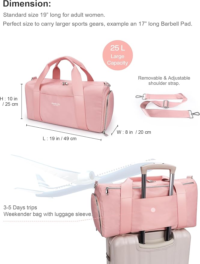 Pink Gym Bag for Women Girls with Shoe Compartment & Wet Pocket - Duffle Bag for Travel Sports Fitness Workout Athletic, 19"- Medium