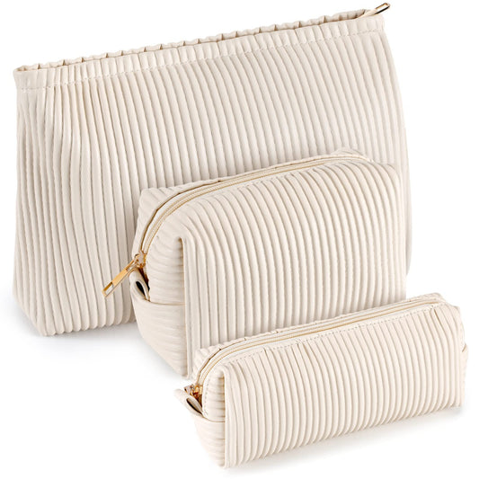 Talltalk 3 Pcs Cosmetic Makeup Bag for Women Portable Travel Toiletry Cosmetic Pouch Cute Bag Accessories Brushes Storage Organizer for Daily Use, 3 Sizes(Pu Leather,Elegant)