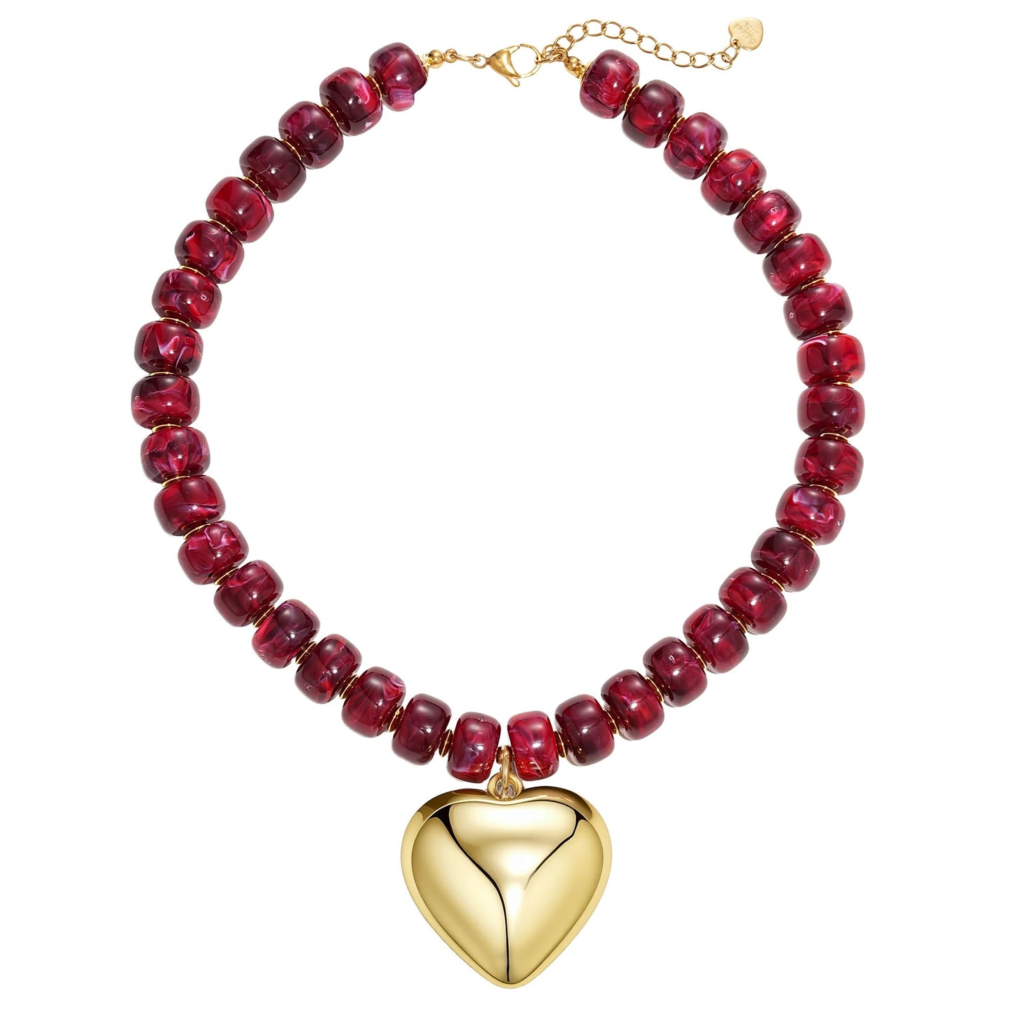 MIUSISHIYU Burgundy Red Faux Marble Resin Chunky Necklaces for Women, Trendy Beaded Puffy Gold Heart Pendant Statement Choker, Lightweight Boho Y2K Summer Beach Jewelry