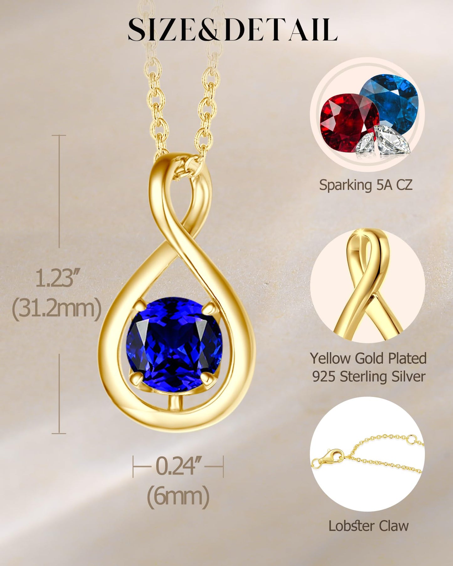 FANCIME Blue Sapphire Necklace September Birthstone for Women Yellow Gold Plated Sterling Silver Dainty Infinity Pendant Fine Jewelry Birthday Graduation Mothers Day Gifts for Mom Her
