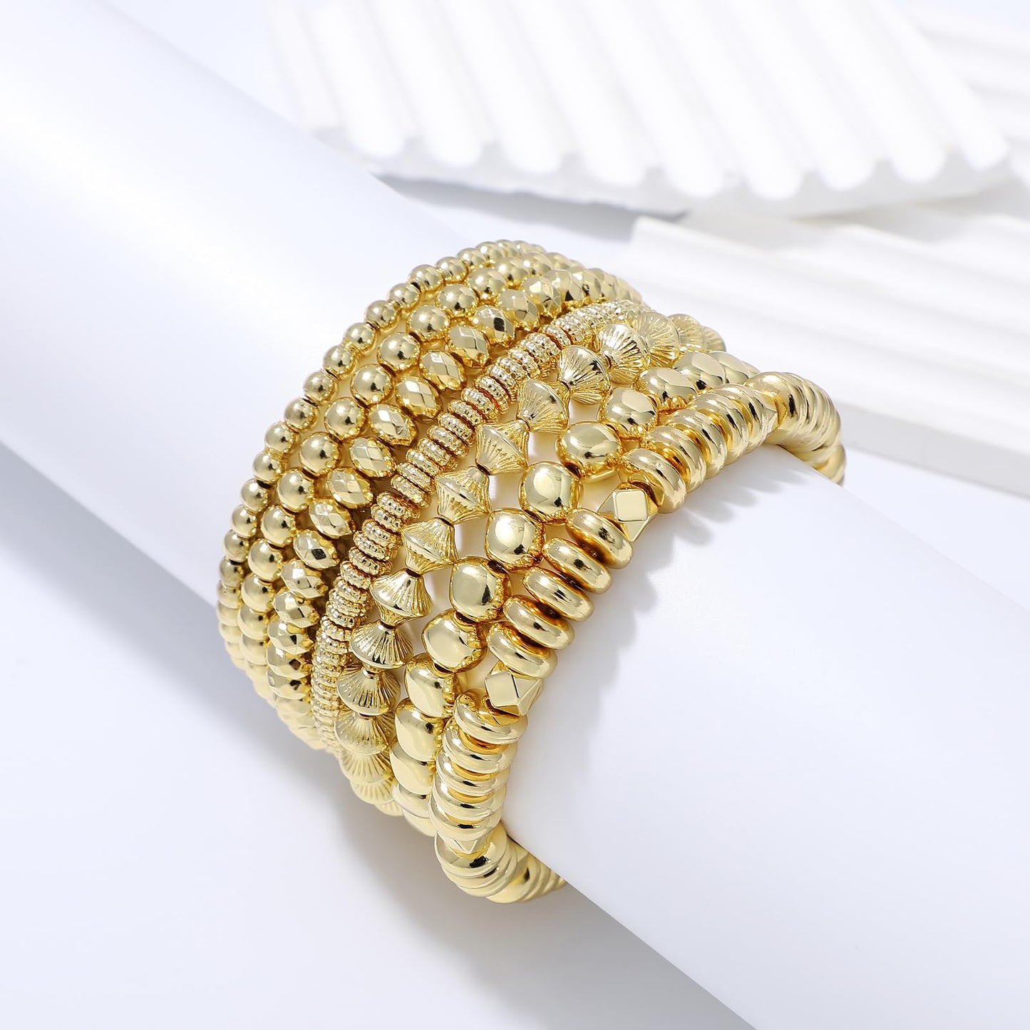 Sajidos Gold Plated Beaded Bracelets for Women Trendy, 14K Gold Plated Stack Cross Pearl Gold Plated Bead Stretch Bracelets Set Elastic Hypoallergenic Bracelets Jewelry Gifts