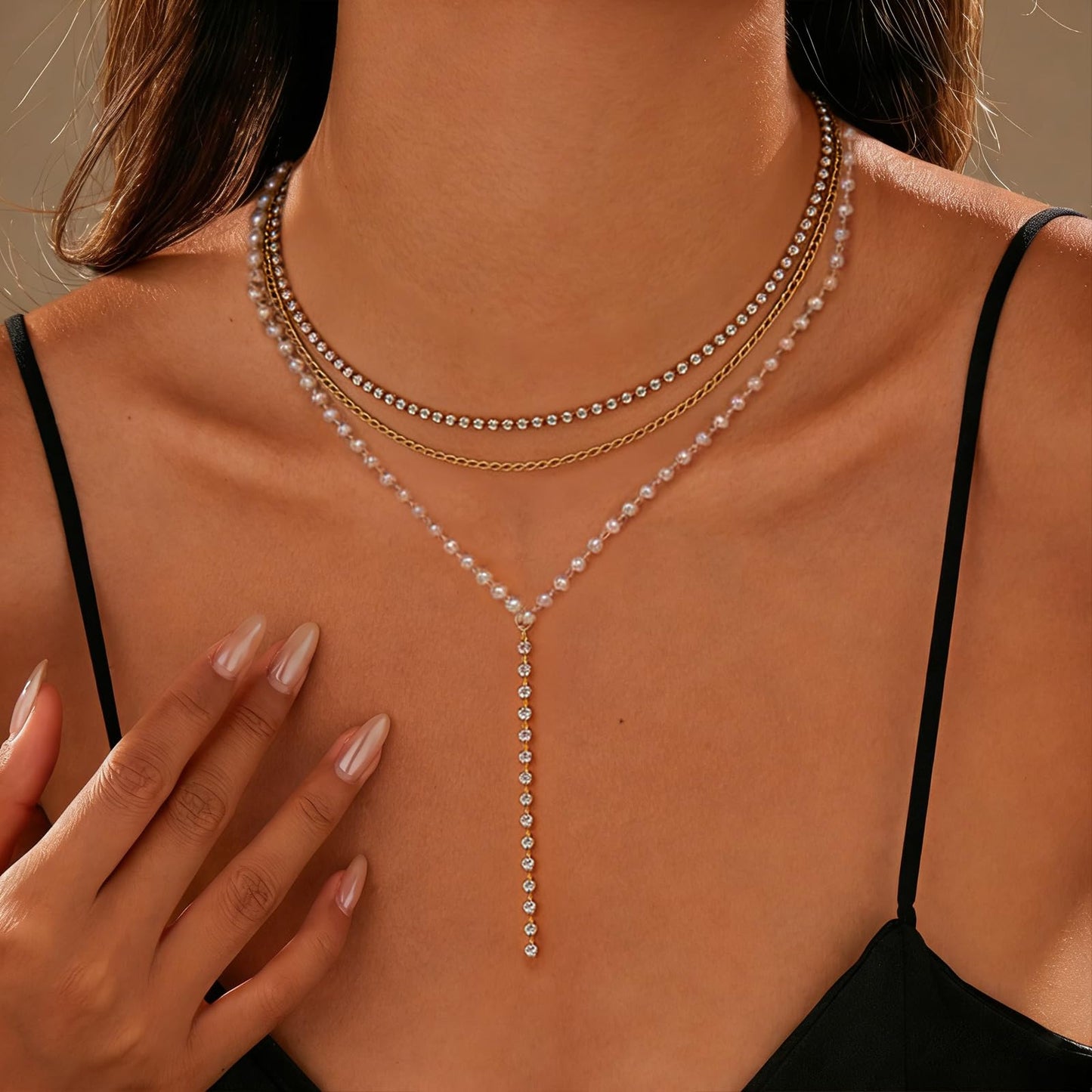 ENGCKSHI Necklace for Women, Dainty Long 14K Gold Y-Shaped Necklace Jewelry Trendy Beaded Layered Chain Drop Necklaces Jewelry Women Gifts