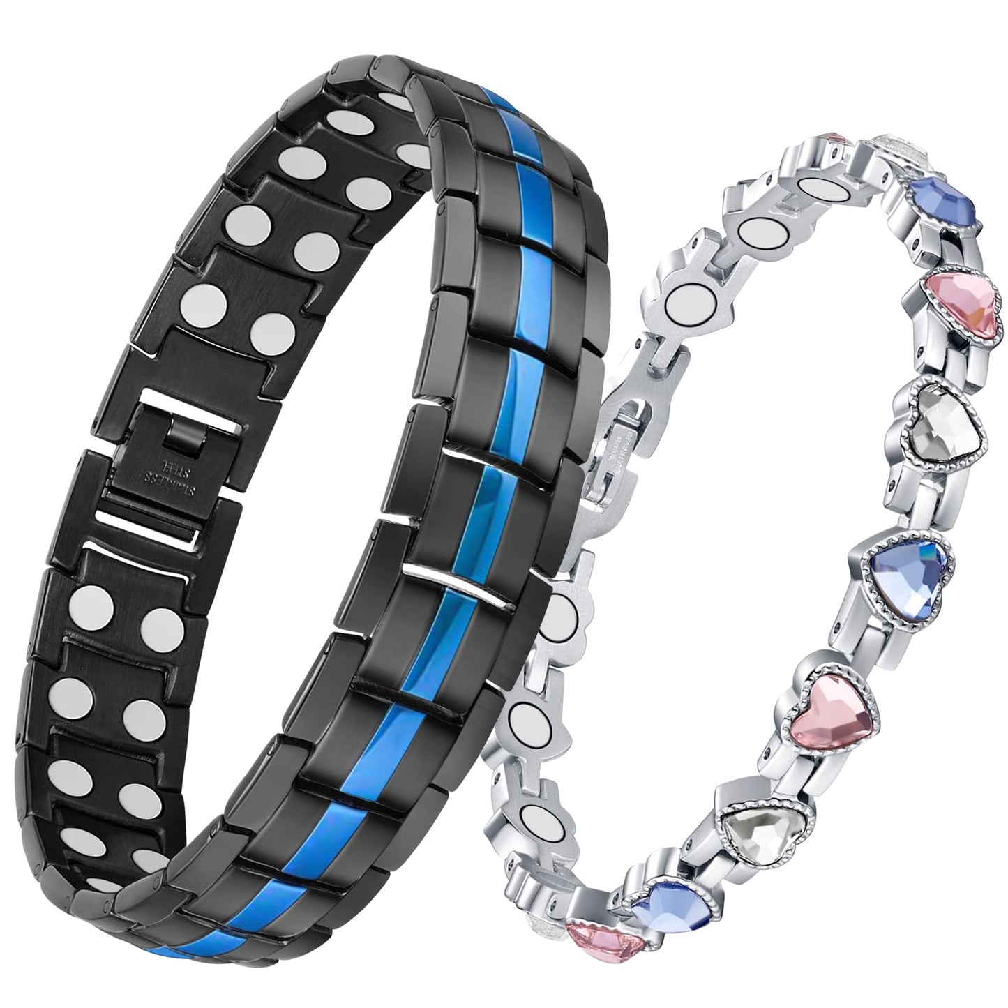 Feraco Magnetic Bracelets for Men Women Titanium Steel Double Row Strong Magnets Bracelet with Unique Blue Line, Adjustable Bracelet (Pack of 2)