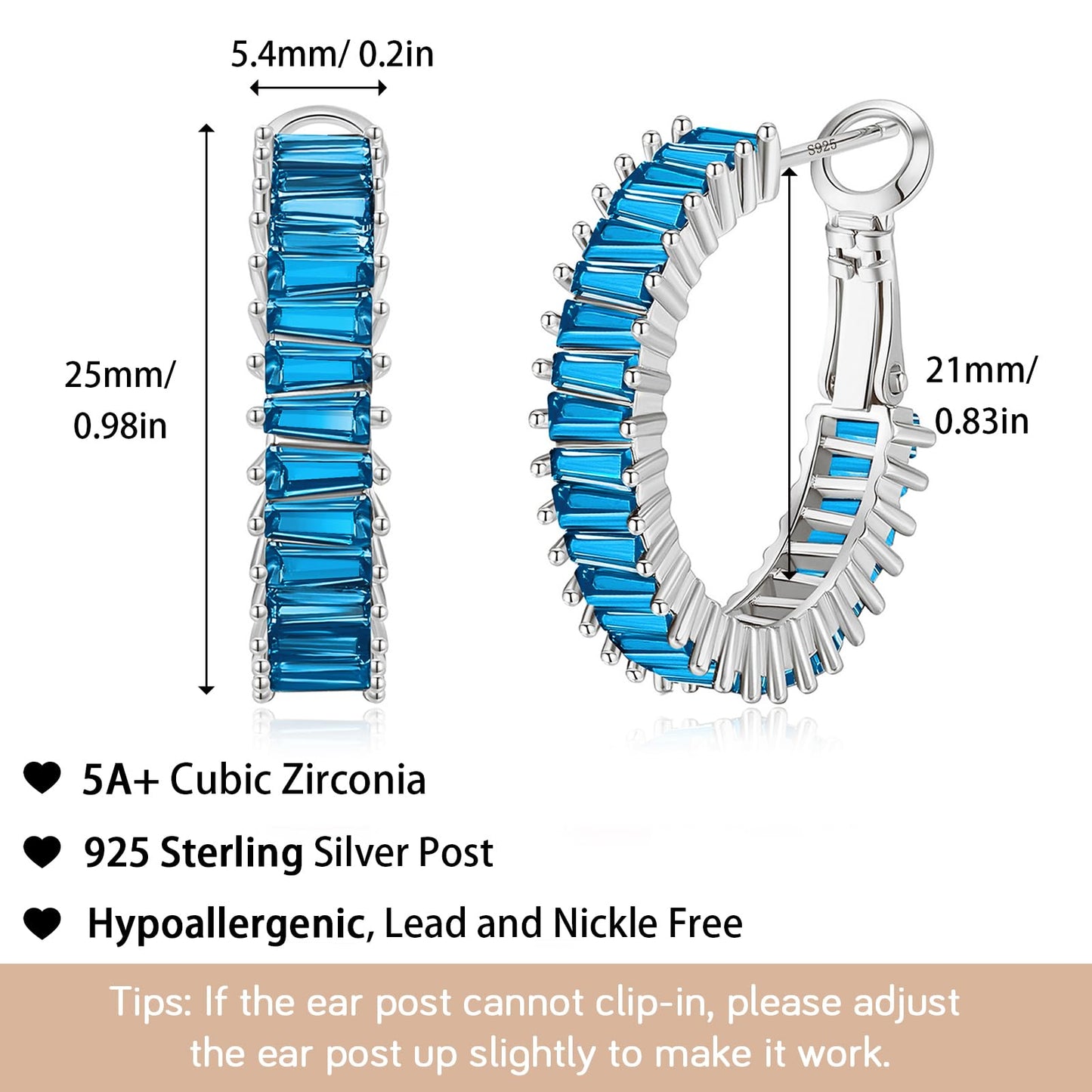 GLOQUAT Sky Blue Crystal Hoop Earrings Silver Plated Aquamarine Hoops for Women S925 Silver Post Vintage Baguette Cubic Zirconia Round Circle Hoops Jewelry Gift Lightweight and hypoallergenic 25mm