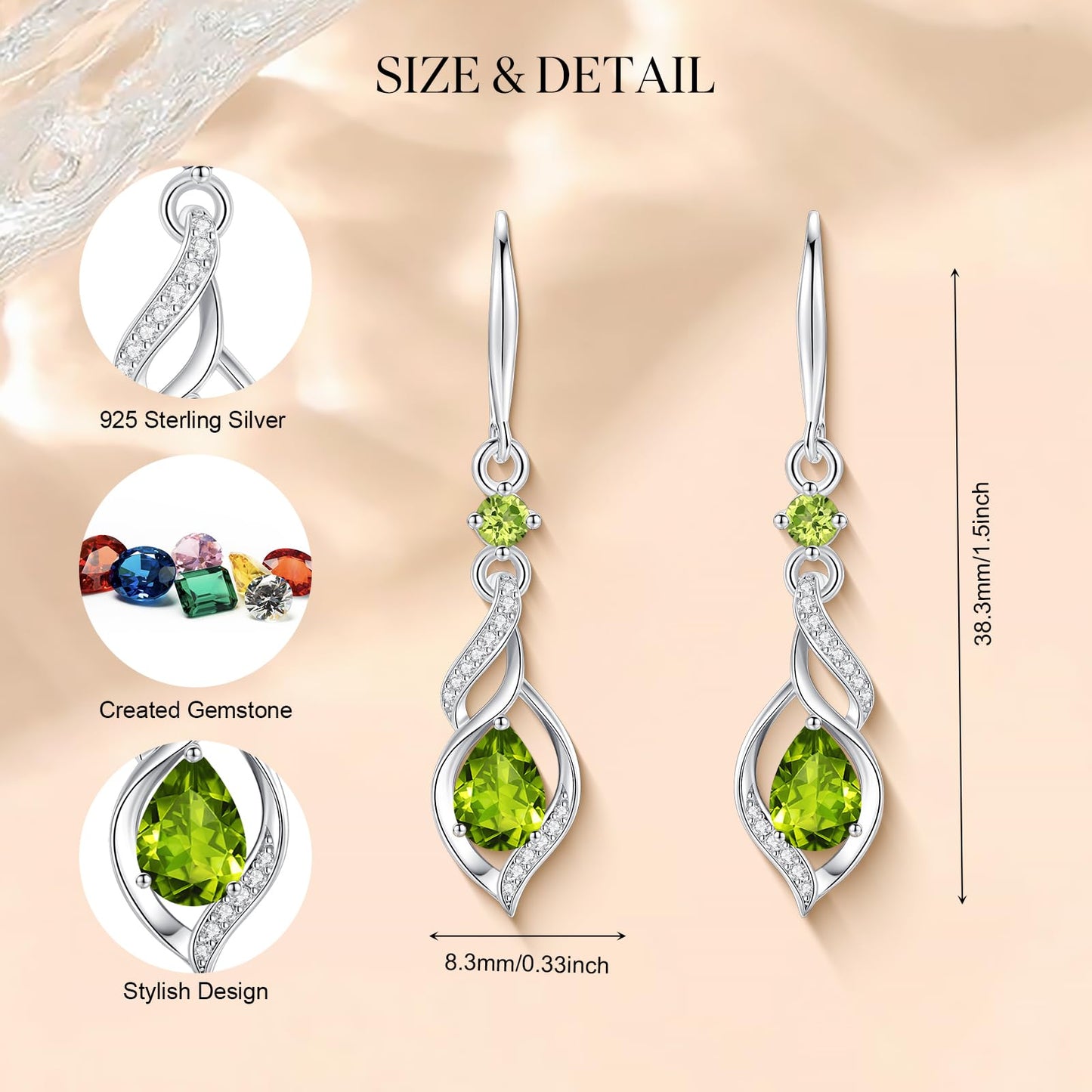 FANCIME Gift for Women August Birthstone Dangle Earrings for Women Teardrop Peridot Earrings S925 Sterling Silver infinity Love Birthday Gifts for Mom Women