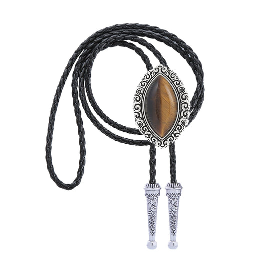 Bjesinmo Indian Bolo Tie for Men Western Cowboy Neck Tie with Leather Cord Brown Olive Stone Pendant Turquoise Vintage Rodeo Necktie Country Style