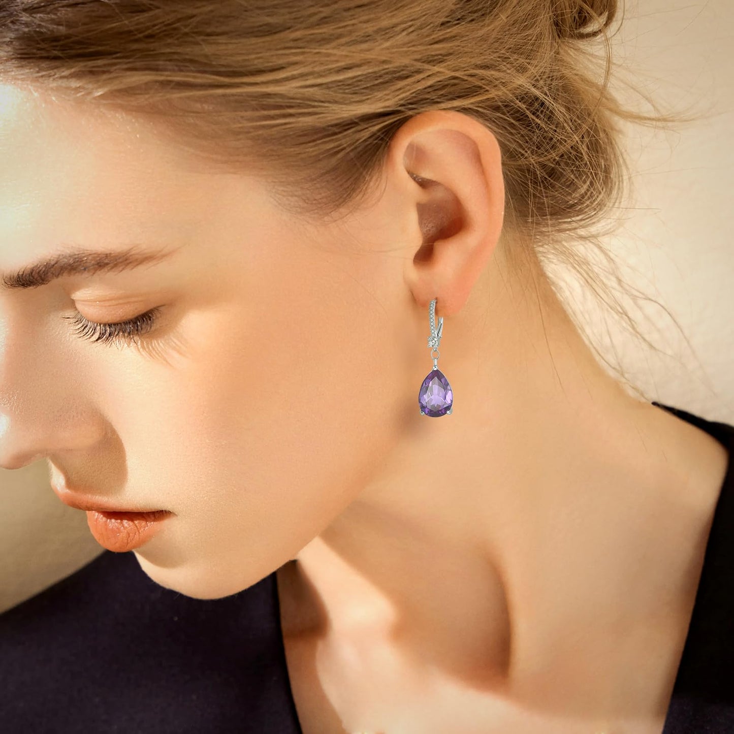 BAMIKI Sterling Silver Teardrop Leverback Dangle Earrings for Women Hypoallergenic, 10×14mm Pear Amethyst Birthstone Purple Cubic Zircon Drop Earrings Trendy Jewelry Gifts for Wife Daughter Mother