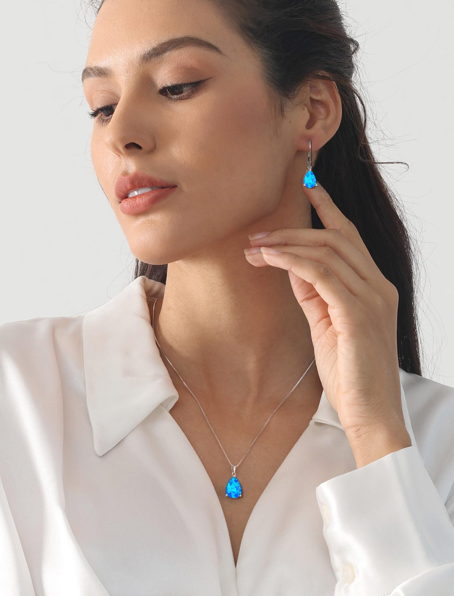 YL 925 Sterling Silver Teardrop Dangle Drop Earrings for Women 7x10 MM Solitaire Blue Created Opal Leverback Jewelry