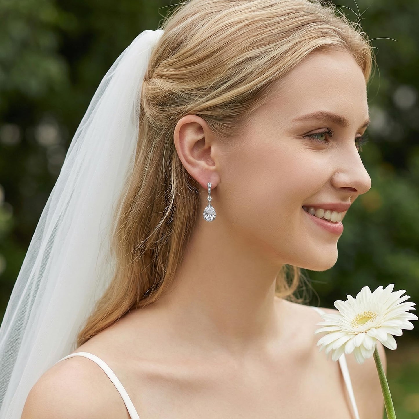 SWEETV Cubic Zirconia Dangle Earrings for Women, Teardrop Bridal Earrings for Wedding, Brides, Bridesmaids, Pear Shaped Drop Earrings for Women Prom Formal Party, Silver-Style4