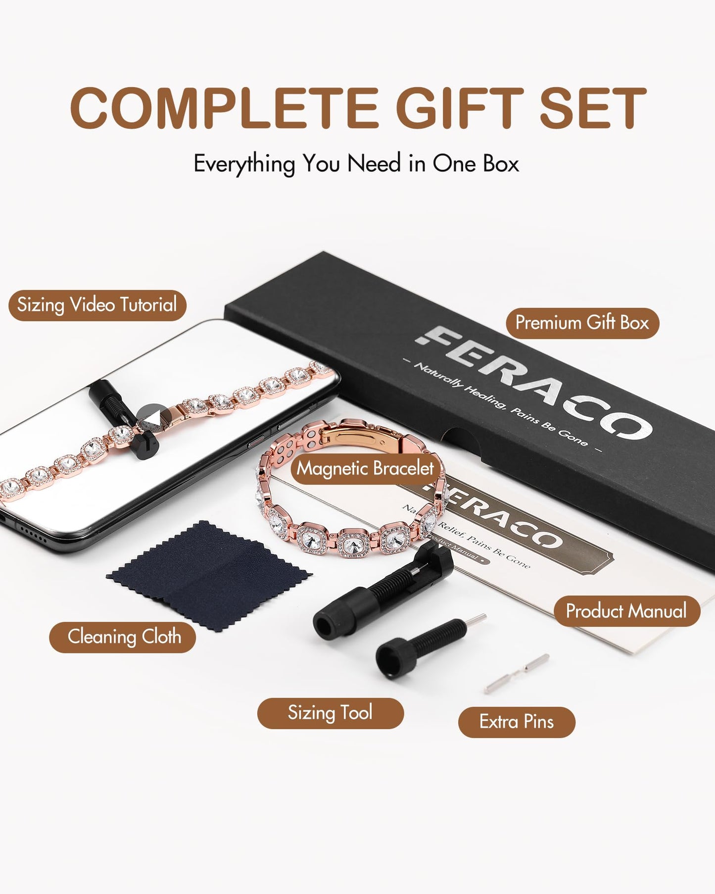 Feraco Copper Bracelets for Women, 4X Ultra Strength Magnetic Bracelet with 3800 Gauss Neodymium Magnets & Sparkling Austrian Cut Crystals, Adjustable Pure Copper Jewelry Gift (Rose Gold)