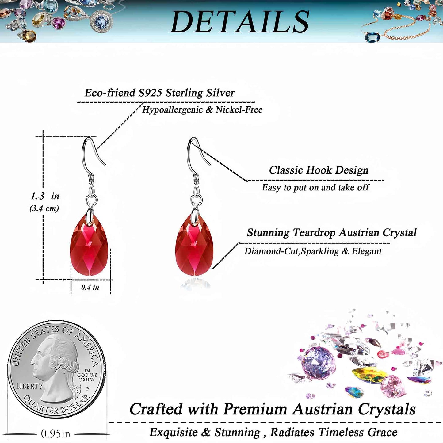 Teardrop Austrian Crystal Drop Dangle Earrings for Women 925 Sterling Silver Hook Hypoallergenic Earring (Red)