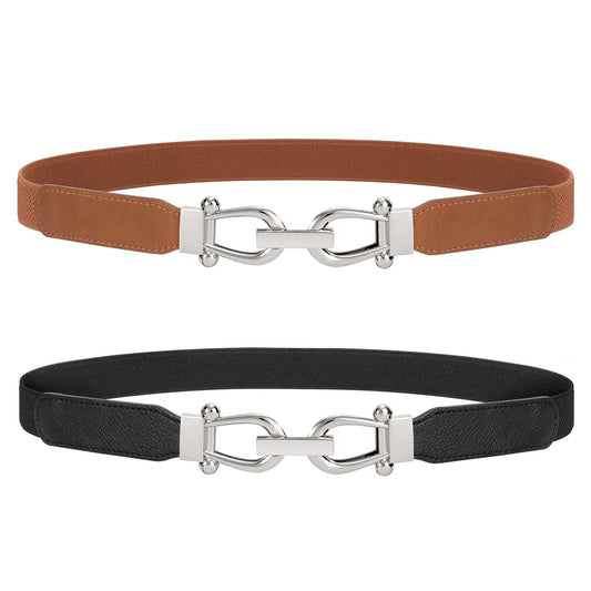 JASGOOD Women Stretchy Waist Belt Retro Elastic Skinny Belt for Ladies with Silver Buckle 2 Pack