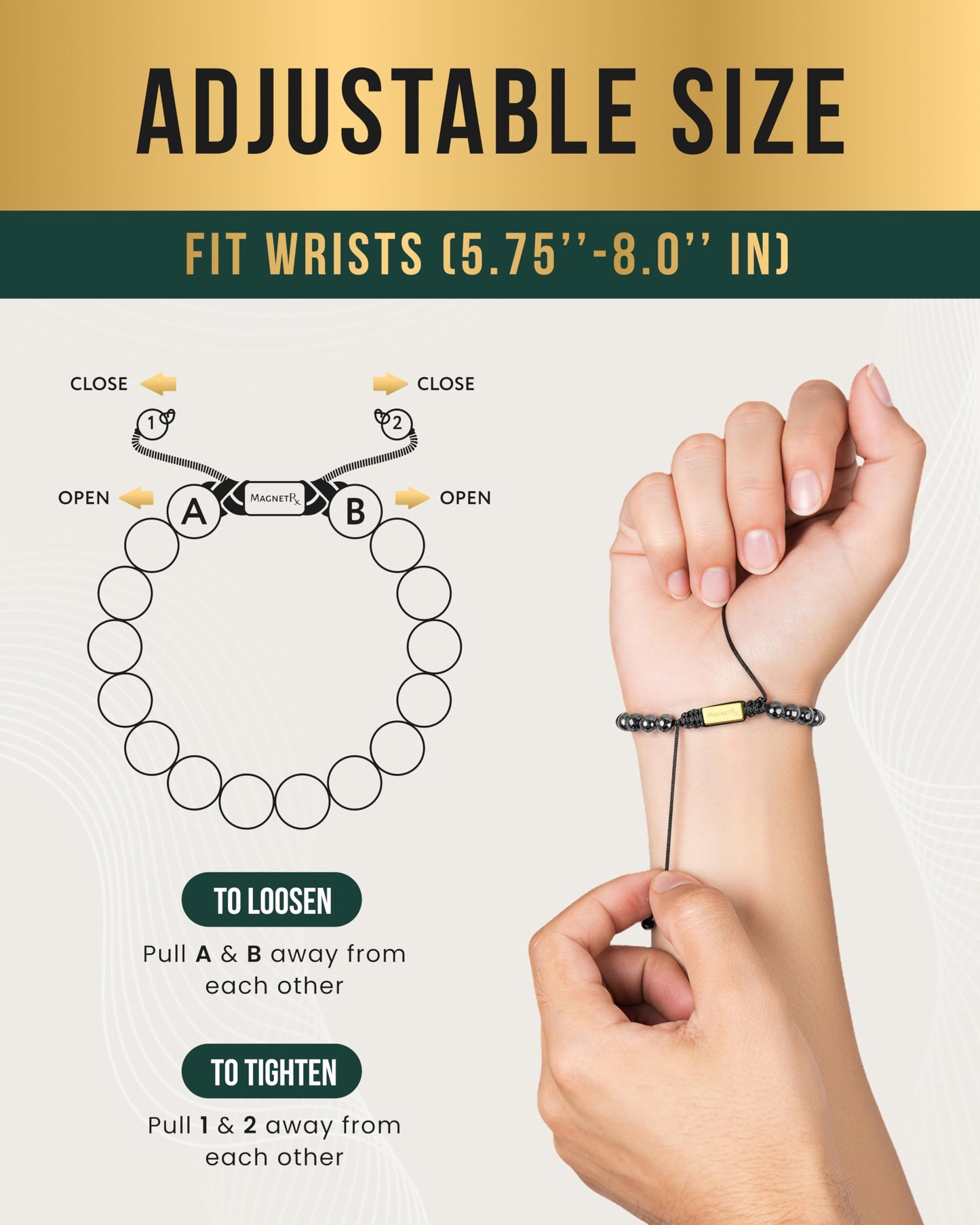 MagnetRX® Magnetic Hematite Bracelet - Max Strength Magnet Stones - Magnetic Beaded Bracelets for Men and Women (Gold Zeus 8mm Bead)