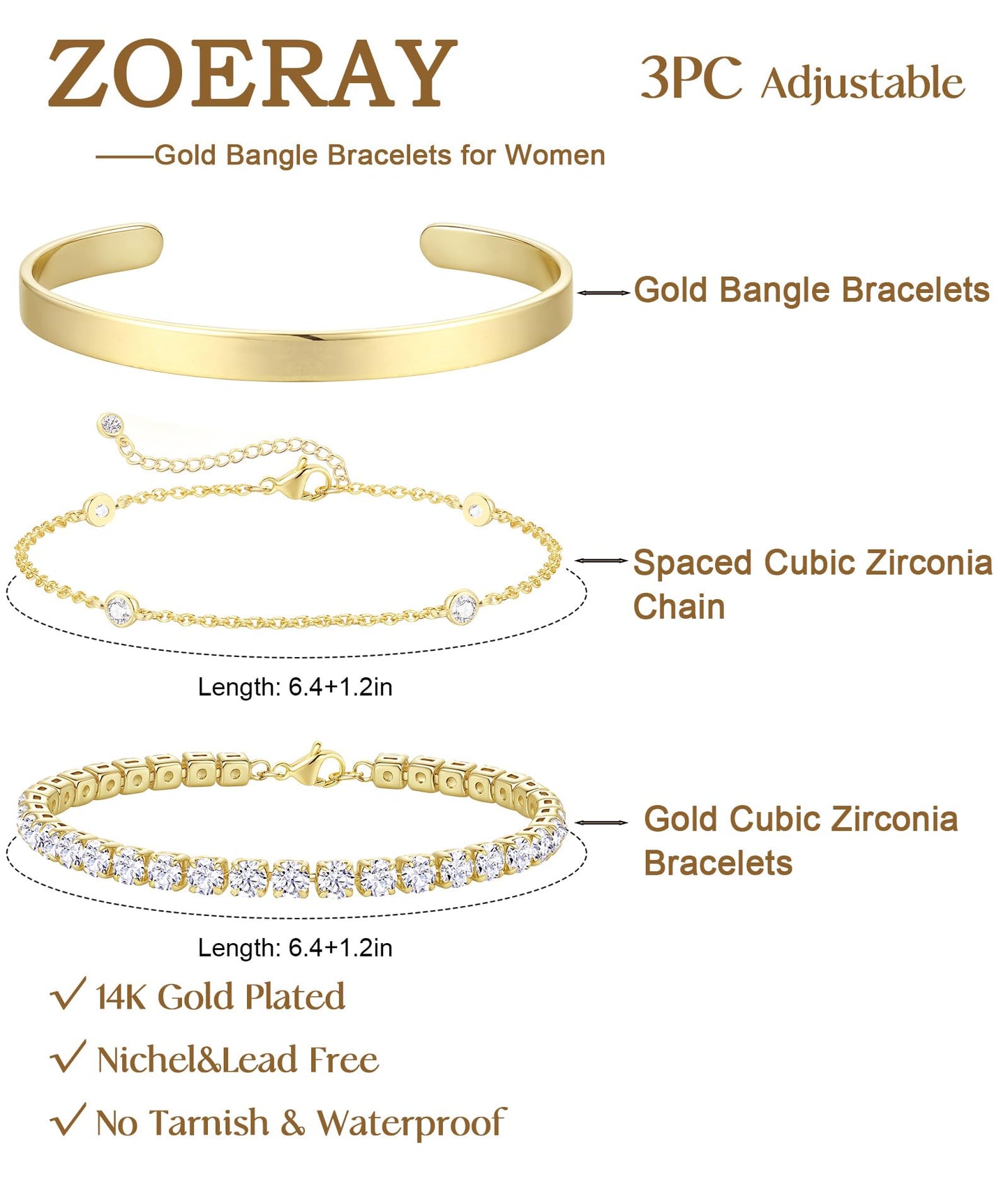 ZOERAY Silver Gold Bangle Bracelets for Women Non Tarnish 14k Gold Plated Stackable Cuff Bracelets for Women Trendy Cubic Zirconia Stainless Steel Chunky Bracelet Stack Set Waterproof Jewelry Gifts