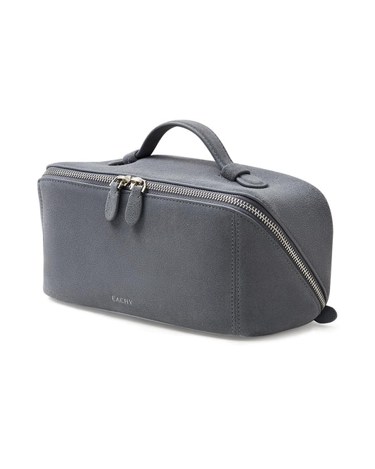 EACHY Leather Makeup Bag, Portable 180° Wide-Open Flat Cosmetic Bag for Women, Large Capacity Make Up Organizer Makeup Pouch with Divider and Handle