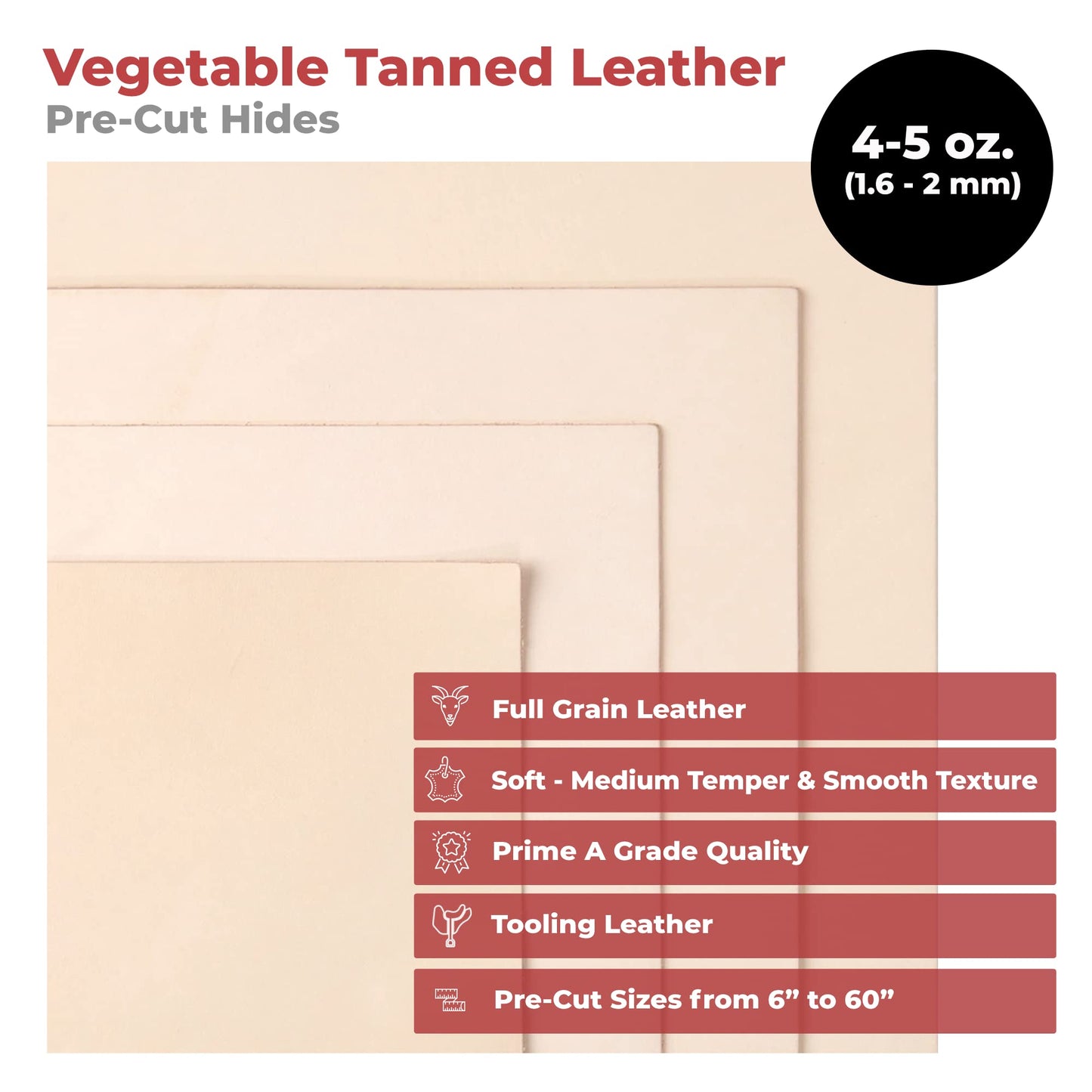 ELW Full Grain Cowhide Leather 4-5 oz [1.6-2mm] Thickness in Pre-Cut Size: 10"x10", AB Grade Hide Vegetable Tanned Leather Using for Tooling, Carving, Molding, Dyeing Material for Craft, Hobby
