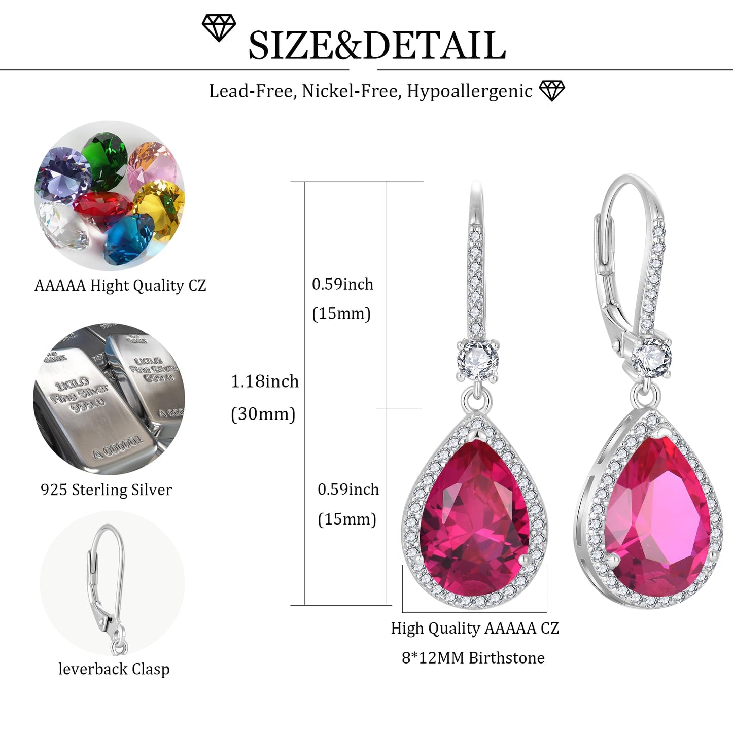 FYNSBLE Dangle Drop Earrings for Women,Sterling Silver Ruby Birthstone Leverback Earrings Hypoallergenic Jewelry for Women