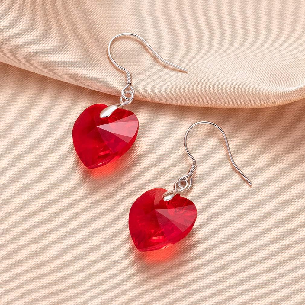 Austrian Crystal Heart Drop Dangle Earrings for Women 925 Sterling Silver Hook Hypoallergenic Earring (Red)