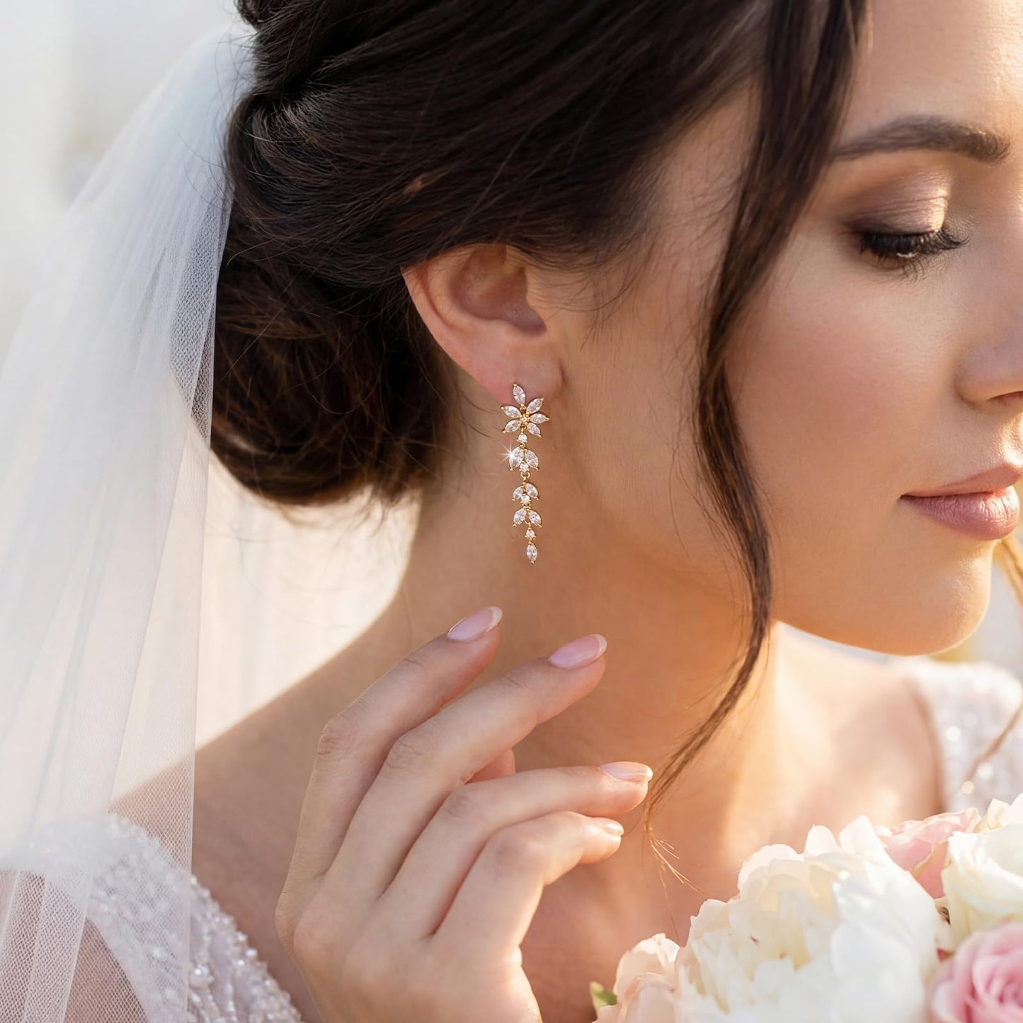 SWEETV Marquise Cubic Zirconia Dangle Earrings for Women, Crystal Wedding Bridal Drop Earrings for Brides Bridesmaids, 18K Gold Plated Chandelier Earrings for Anniversary Prom Jewelry Gift, Style02