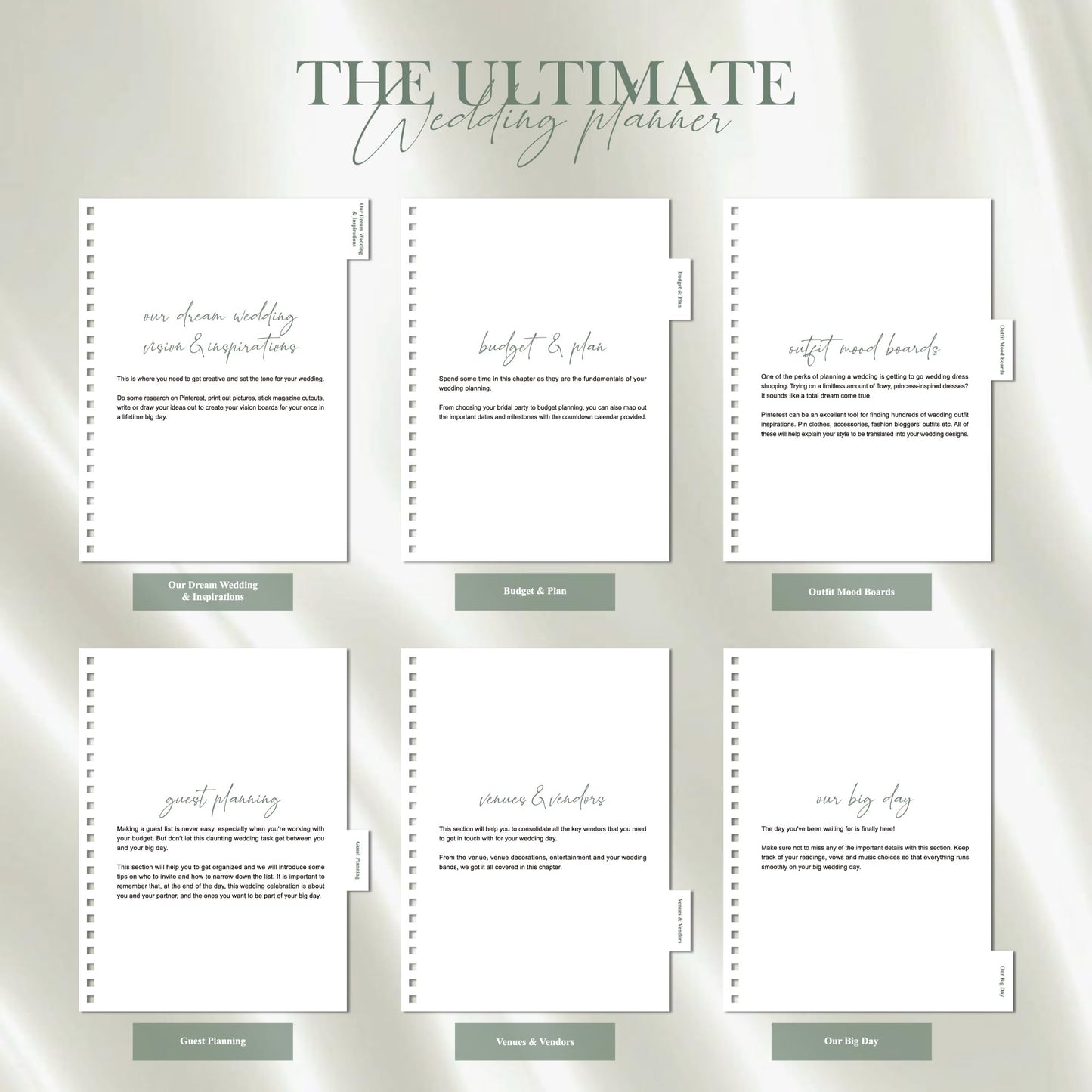WeddingGiftsWedding Wedding Planner Book and Organizer for Bride - Elegant Linen Cover Wedding Planning Binder with Checklists,Pockets & Calendars,Perfect Engagement Gifts for Couples(Sage)