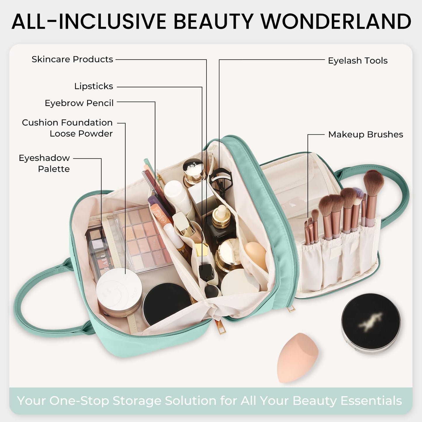 Travel Makeup Bag for Women Fashion Large Capacity Pouch Open Flat Cosmetic Portable Organizer Waterproof Large Opening Storage Toiletry Bags Vertical Free-Standing Brush Holder for Easy Access Blue