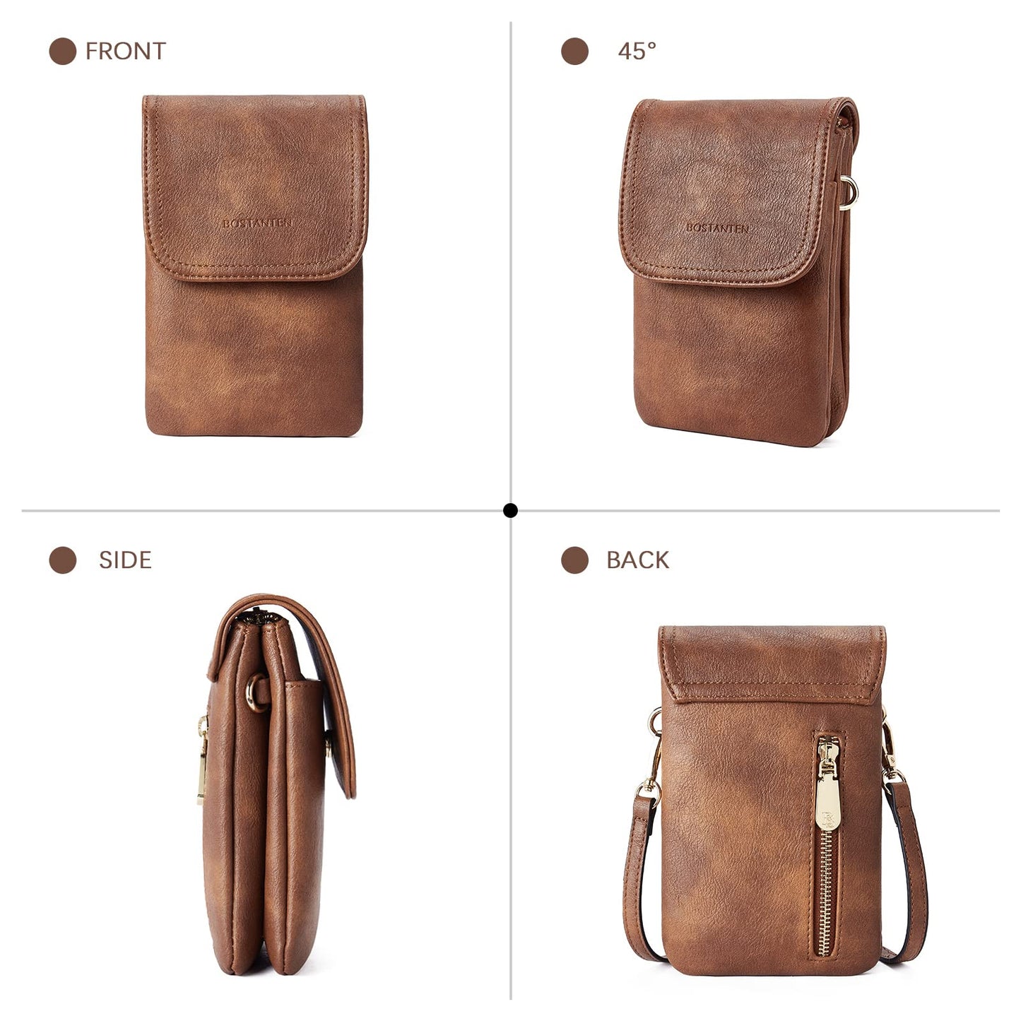 BOSTANTEN Vegan Leather Small Crossbody Bags for Women Designer Cell Phone Bag Wallet Purses Adjustable Strap Retro Brown
