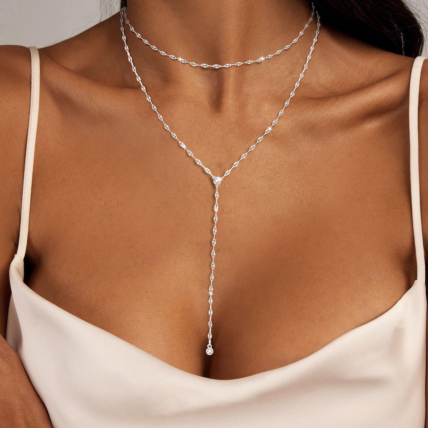 Airmb Lariat Silver Necklace for Women 925 Silver Plated Dainty Long Necklace Y-Shaped Drop Pendant Necklaces Choker Trendy Chain Simple Layered Necklaces CZ Jewelry for Women Set Gift