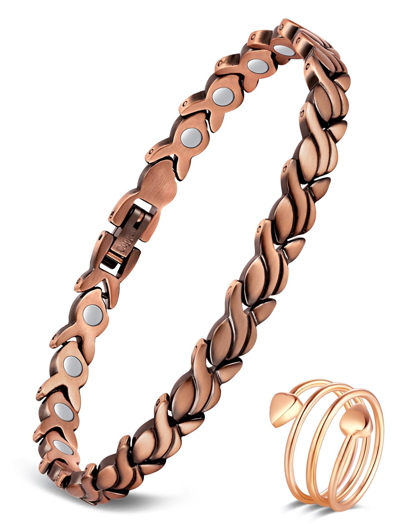 Feraco Copper Bracelets & Rings for Women, Ultra Strength Magnetic Bracelet with 3500 Gauss Neodymium Magnets, 99.99% Pure Copper Adjustable Jewelry Gift (Fishtail with Ring)