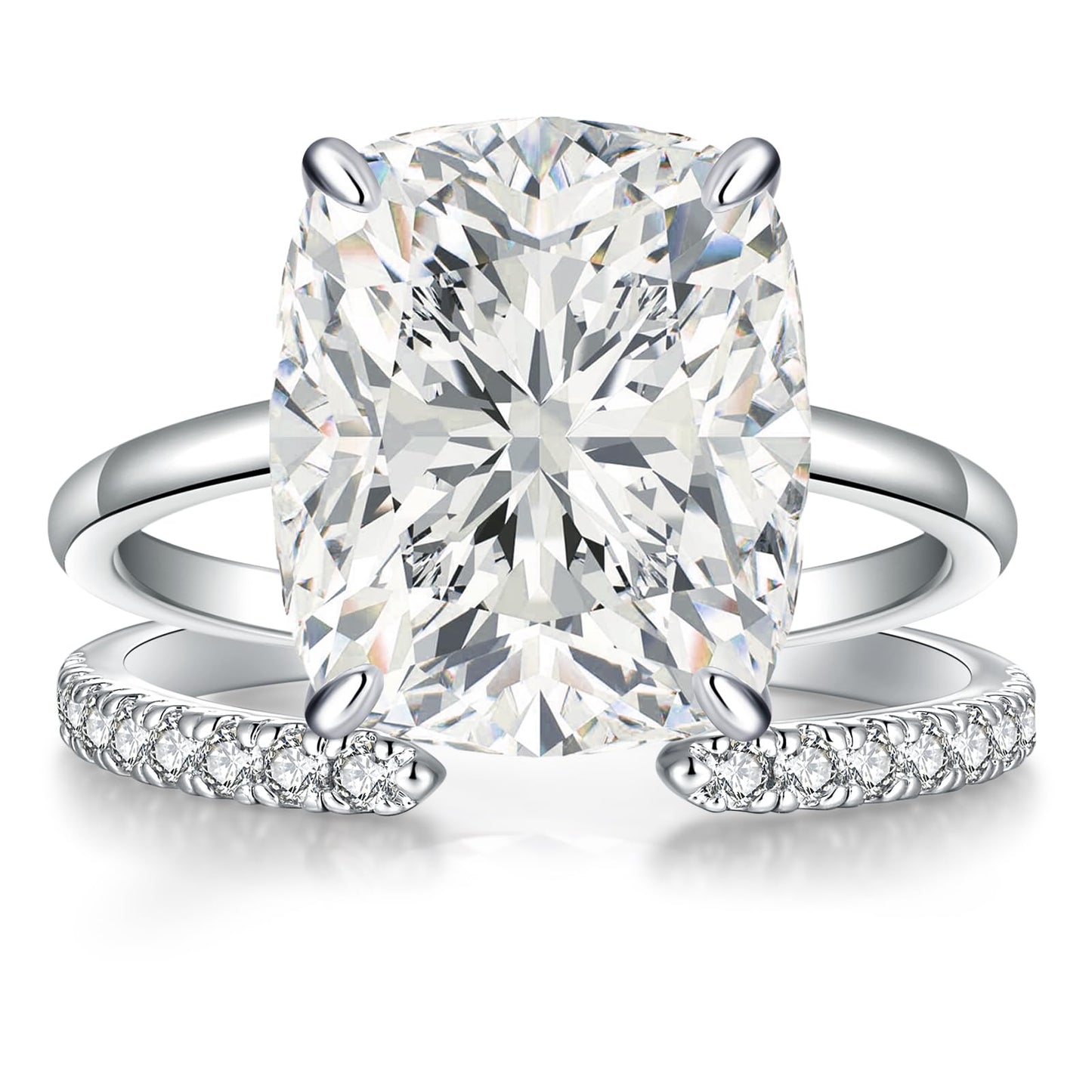 AVECON 5CT Elongated Cushion Cut Engagement Ring Set for Women, Wedding Promise Cubic Zirconia Band, White Gold Plated Stackable Adjustable Bridal Half Eternity Open Rings, Size 6