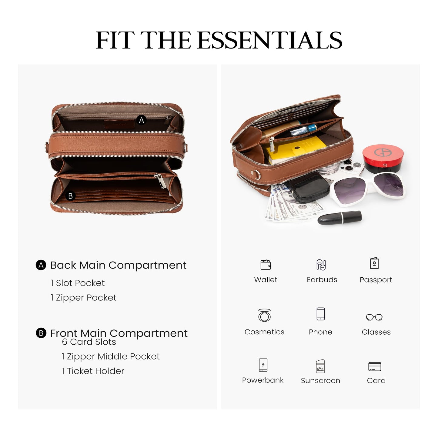 befen Quilted Genuine Leather Crossbody Bags for Women, Purses with Built in RFID Wallet, Woman Camera Shoulder Bag Handbags, Brown Crossbody Purses with Adjustable Strap