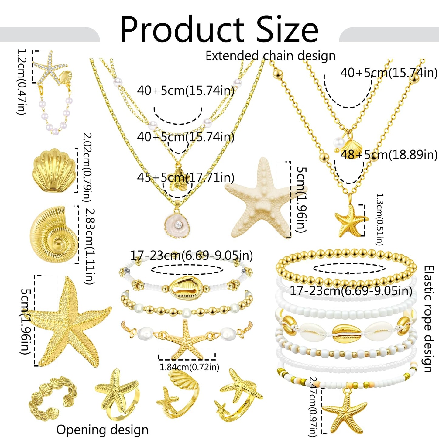 30 Pcs Seashell Starfish Jewelry Set for Women Beach Summer Vacation Jewelry Seashell Starfish Boho Layer Necklace Bracelets White Anklet Stackable Shell Starfish Rings Hair Clip Halloween Mermaid Accessories