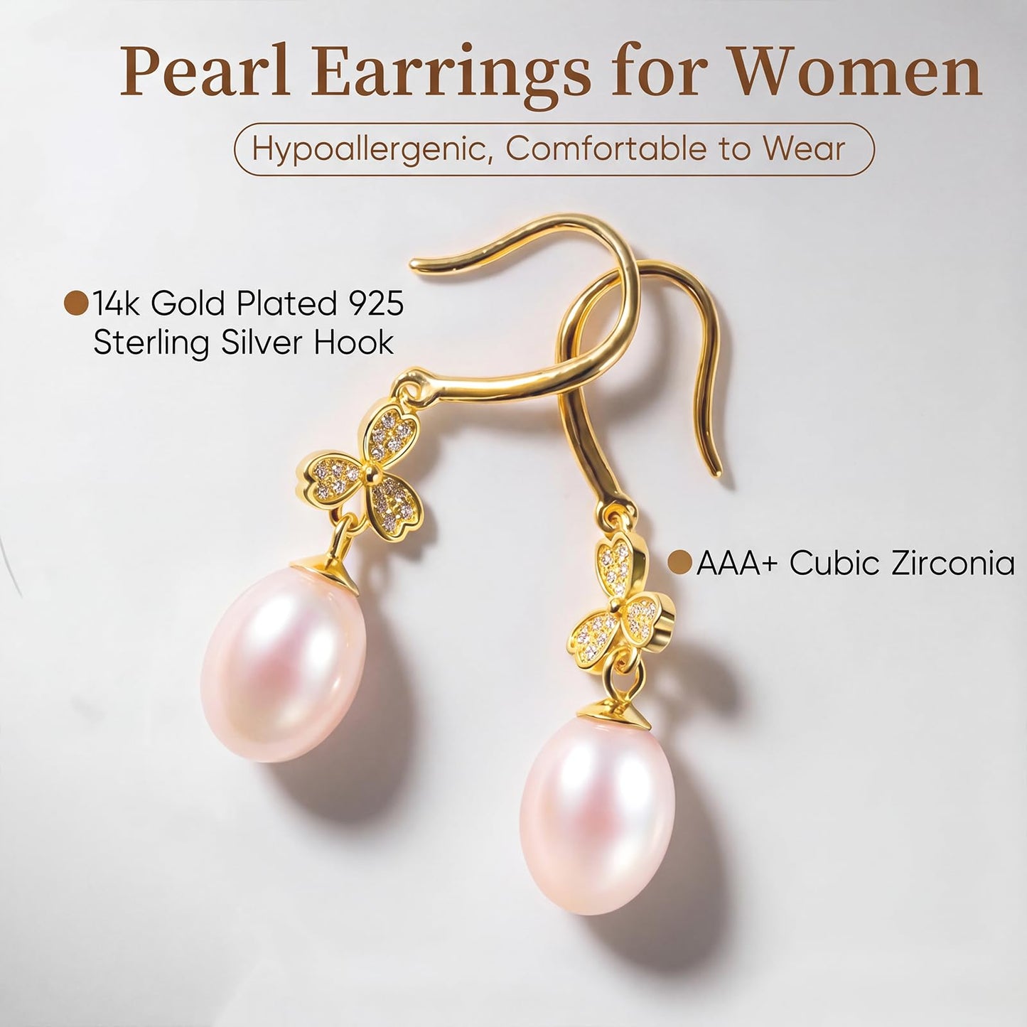 Pearl Drop Earrings for Women, Gold Plated & 925 Sterling Silver, Pink & White Dangle Earrings, Dainty Cute Elegant Bridal Wedding Gift for Her