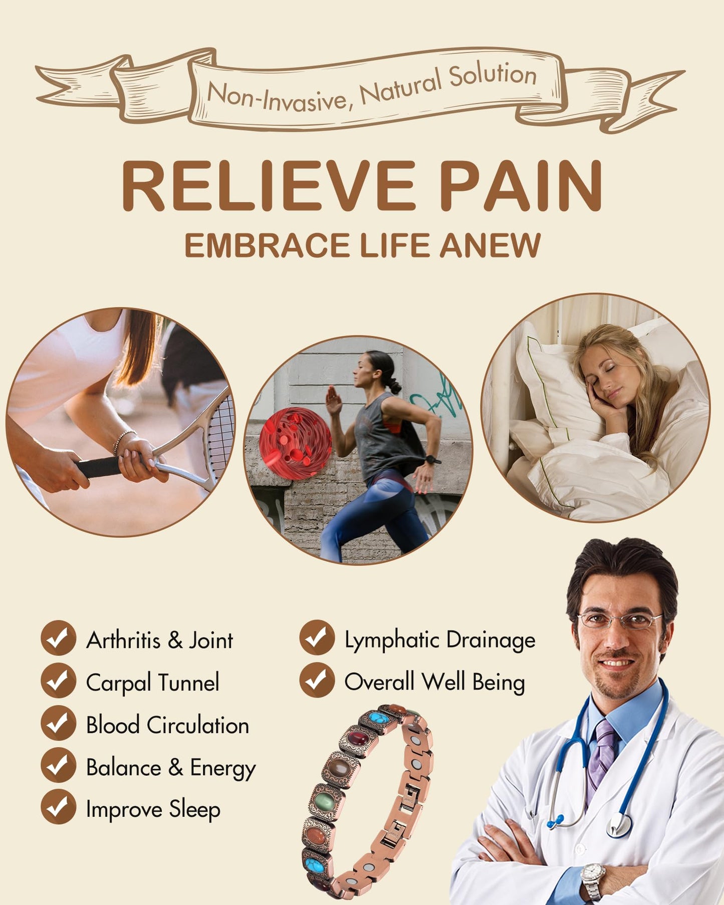 Feraco Pure Copper Bracelets for Women, Ultra Strength Magnetic Copper Bracelet with 3800 Gauss Magnets, Natural Turquoise & Stones, Adjustable, Jewelry Gift