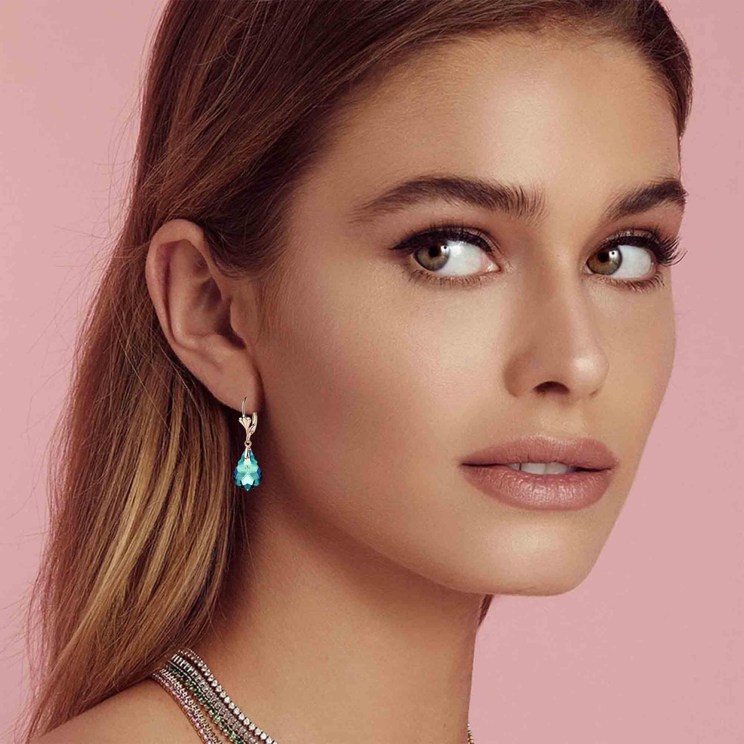 Austrian Crystal Baroque Drop Leverback Earrings for Women Fashion 14K Gold Plated Hypoallergenic Jewelry (Bermuda Blue)